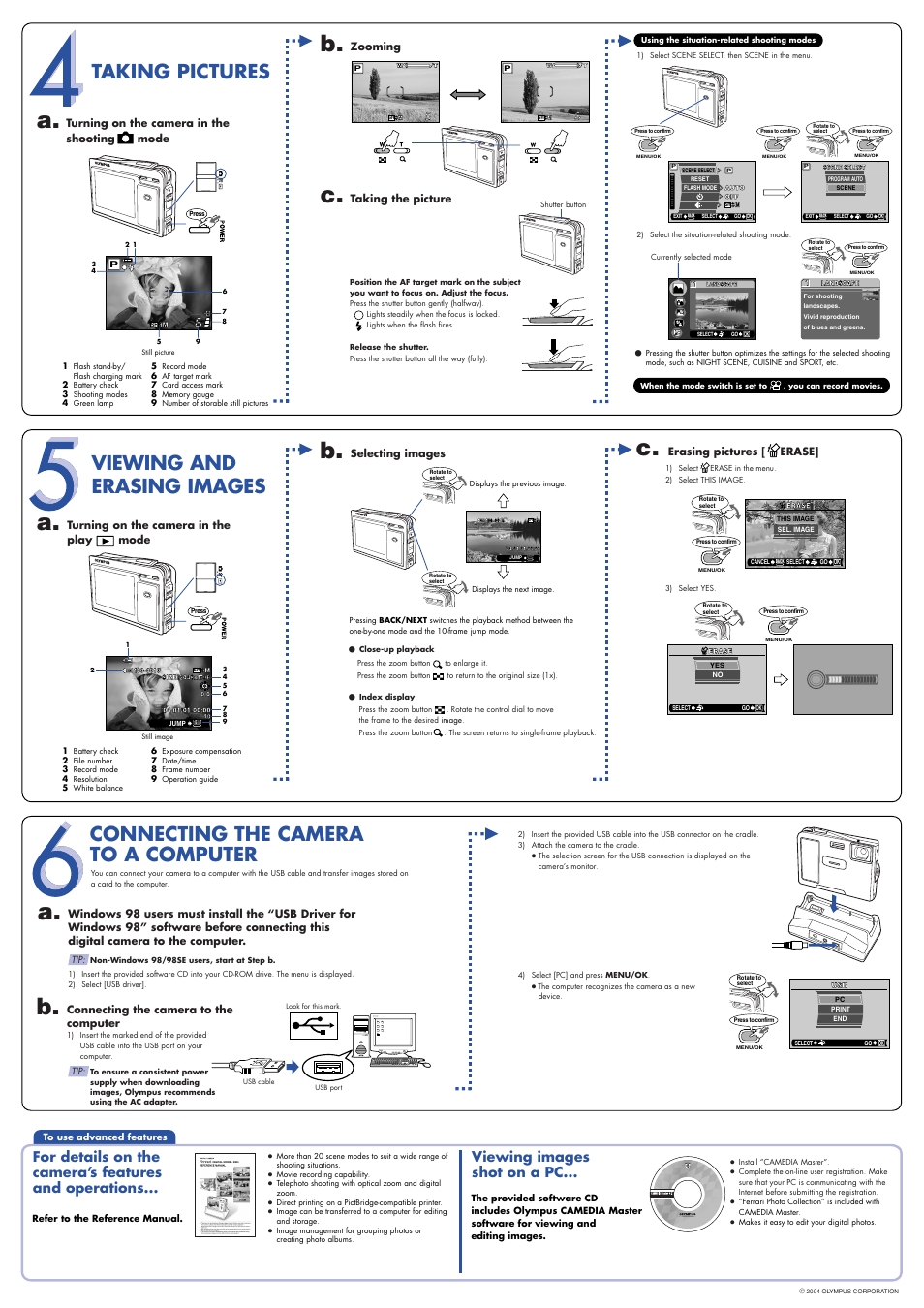 Taking pictures, Viewing and erasing images, Connecting the camera to a computer | Viewing images shot on a pc | Olympus Ferrari DIGITAL MODEL 2004 User Manual | Page 2 / 2