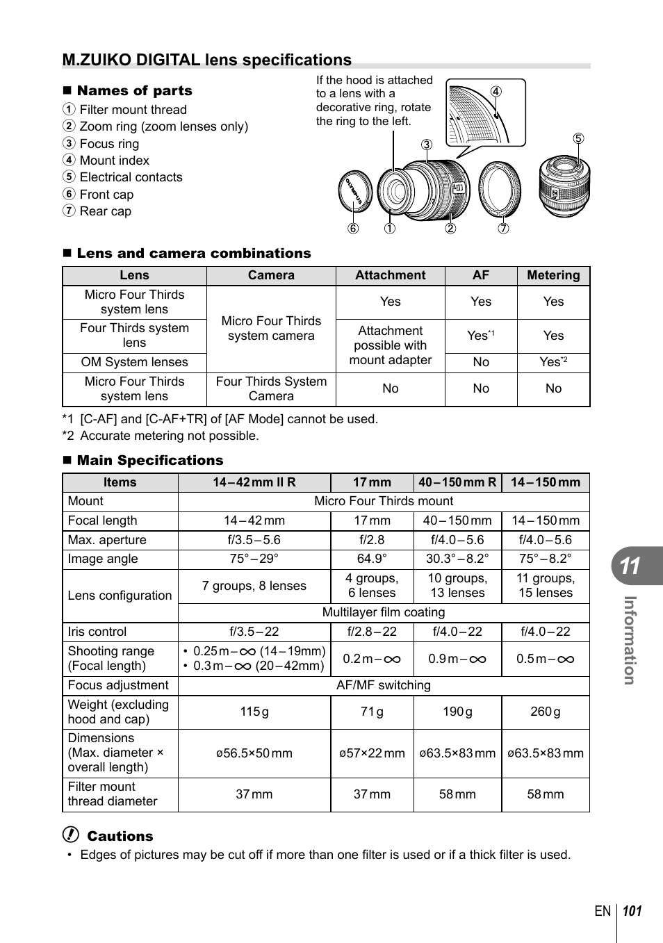 Information, M.zuiko digital lens specifi cations | Olympus E-PL3 User Manual | Page 101 / 127