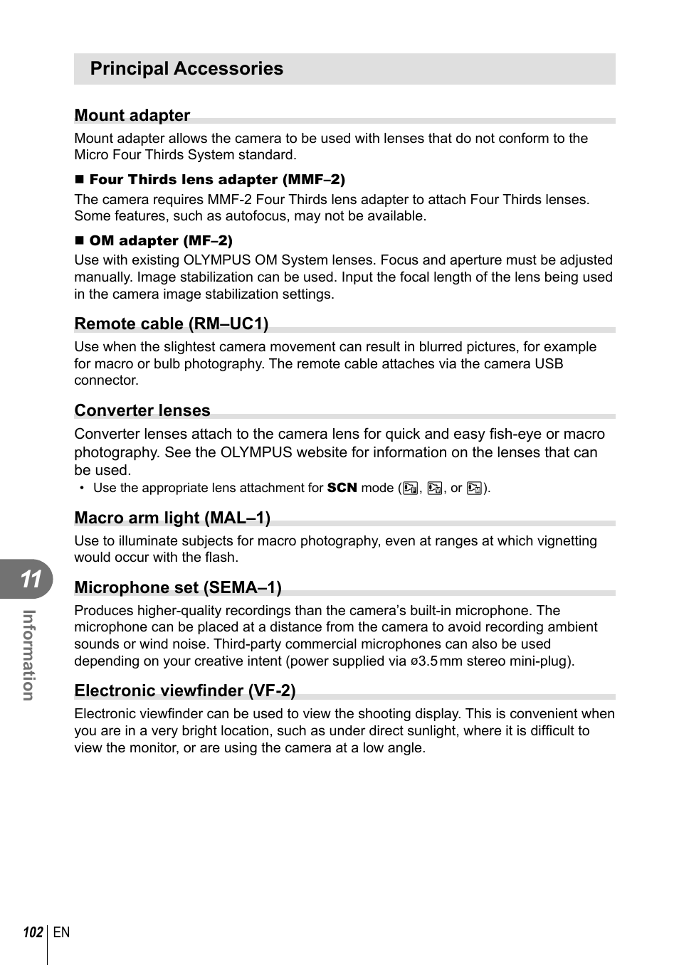 Principal accessories | Olympus E-PL3 User Manual | Page 102 / 127
