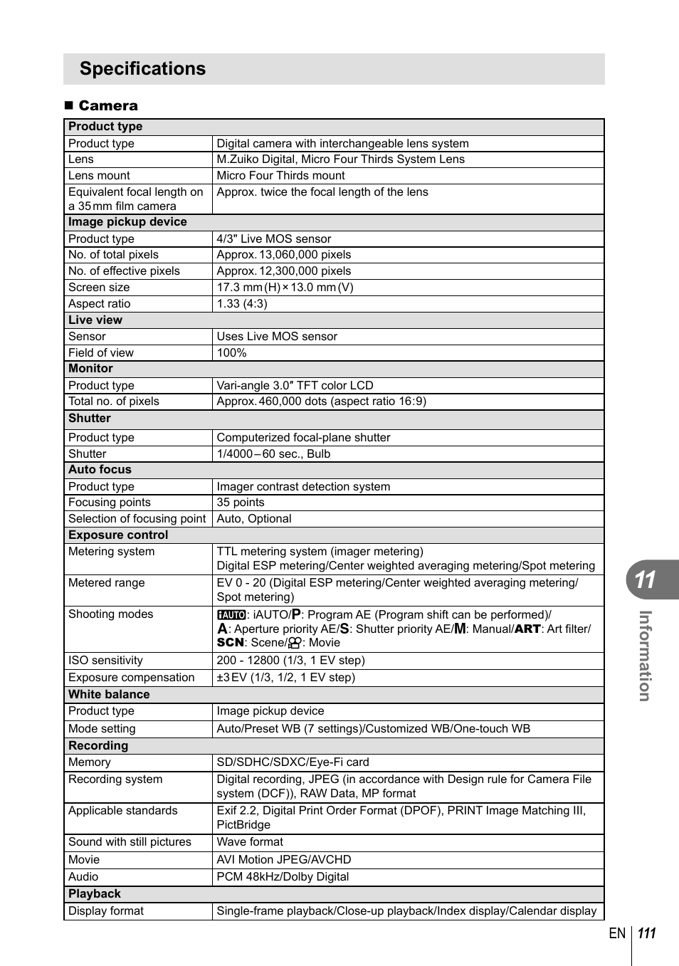 Specifi cations, Information, 111 en | Olympus E-PL3 User Manual | Page 111 / 127