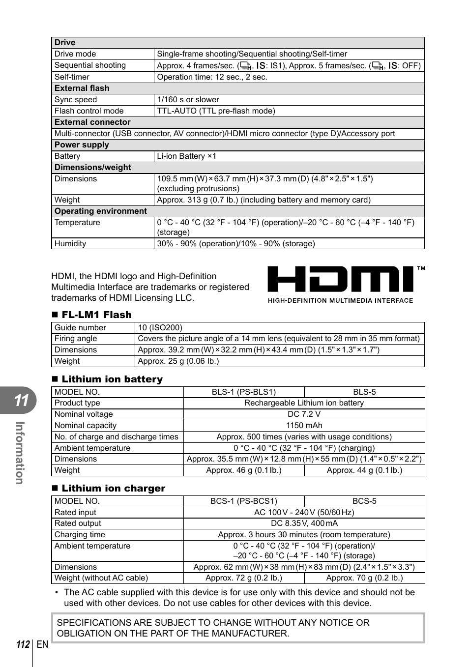Information, 112 en | Olympus E-PL3 User Manual | Page 112 / 127