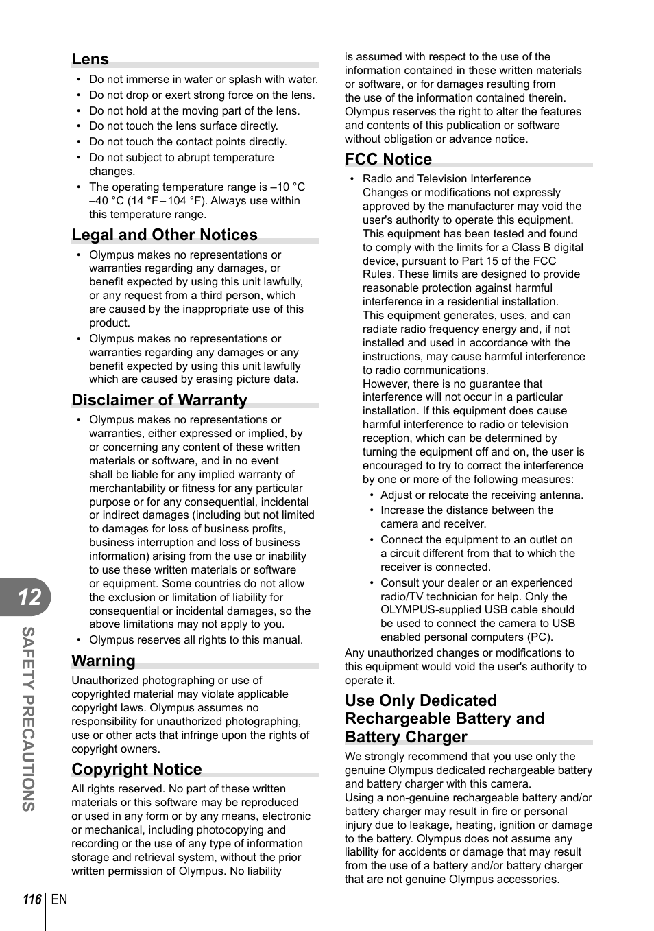 Safety precautions, Lens, Legal and other notices | Disclaimer of warranty, Warning, Copyright notice, Fcc notice | Olympus E-PL3 User Manual | Page 116 / 127