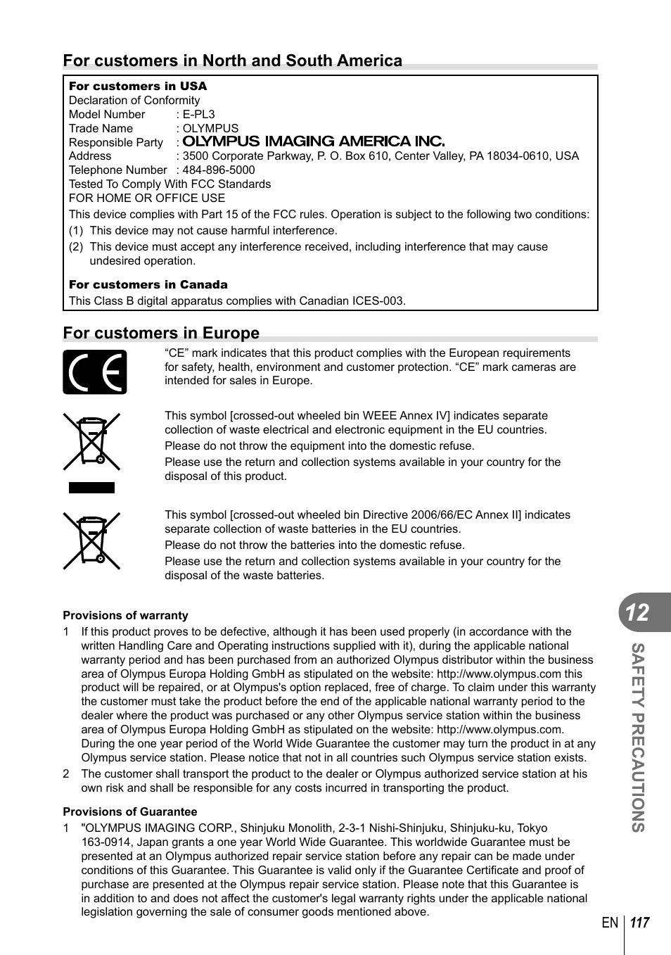 Safety precautions, For customers in north and south america, For customers in europe | Olympus E-PL3 User Manual | Page 117 / 127