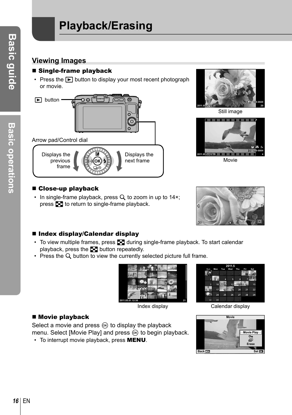Playback/erasing, Basic guide, Basic operations | Viewing images, 16 en, Single-frame playback, Close-up playback, Index display/calendar display, Arrow pad/control dial, Still image | Olympus E-PL3 User Manual | Page 16 / 127