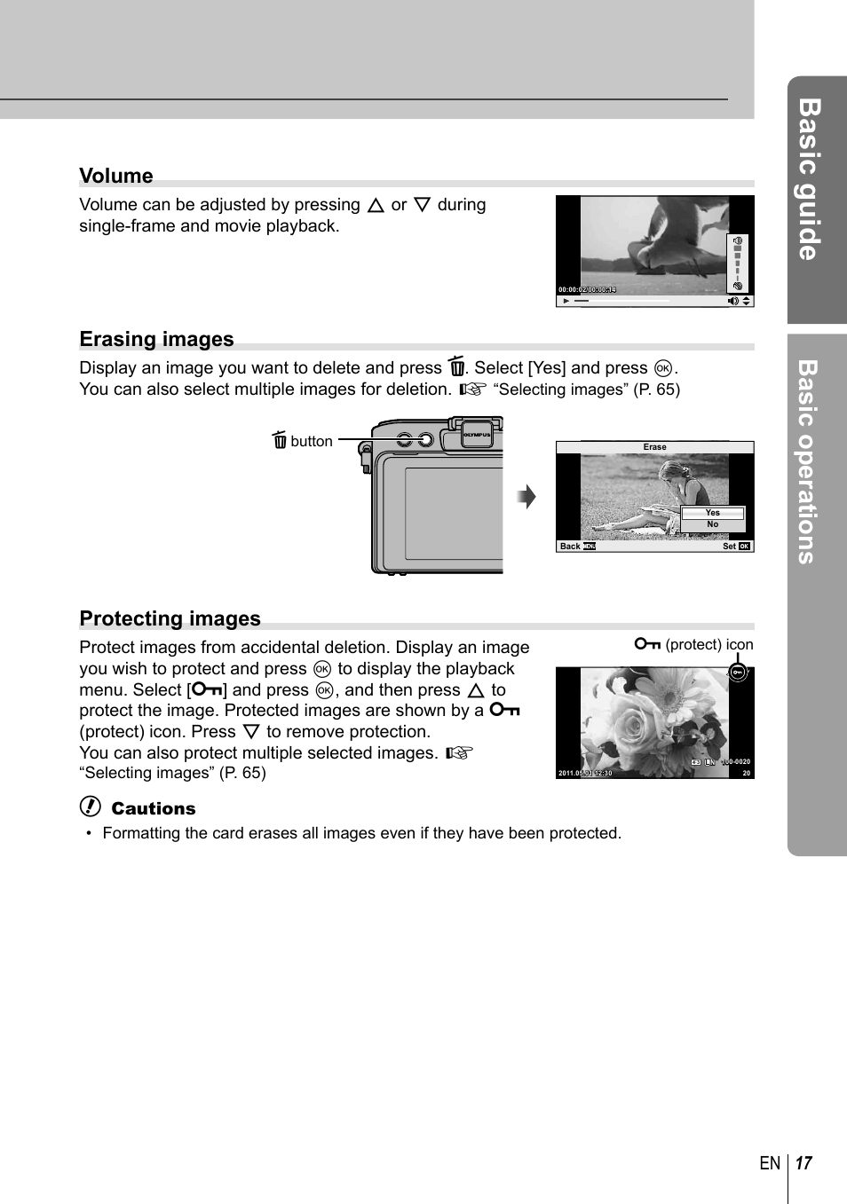 Basic guide, Basic operations, Volume | Erasing images, Protecting images, 17 en | Olympus E-PL3 User Manual | Page 17 / 127