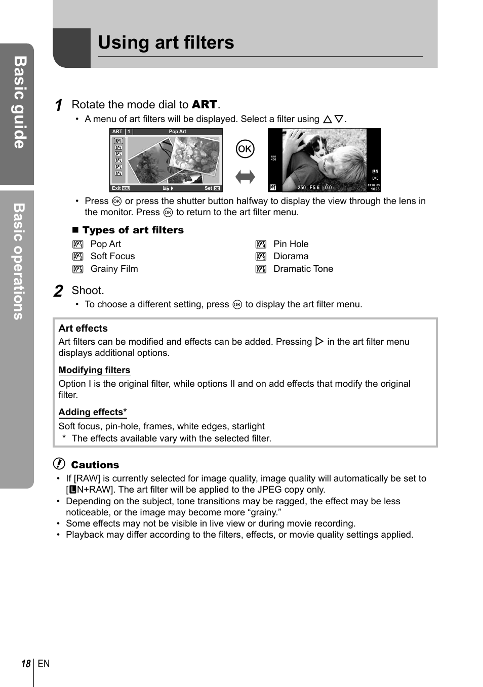 Using art fi lters, Basic guide, Basic operations | Rotate the mode dial to art, Shoot, 18 en | Olympus E-PL3 User Manual | Page 18 / 127