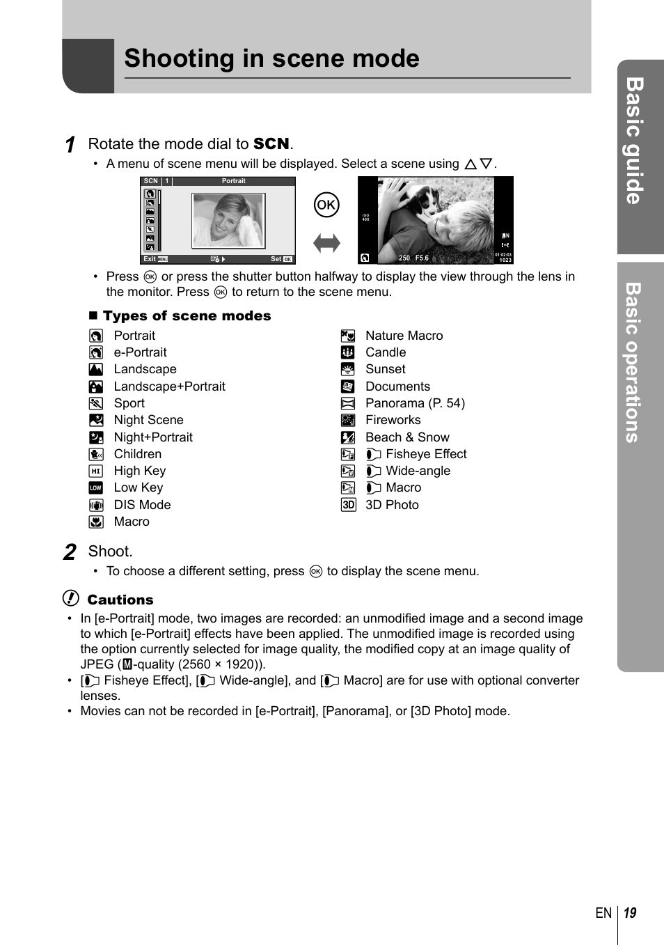 Shooting in scene mode, Basic guide, Basic operations | Rotate the mode dial to scn, Shoot, 19 en | Olympus E-PL3 User Manual | Page 19 / 127