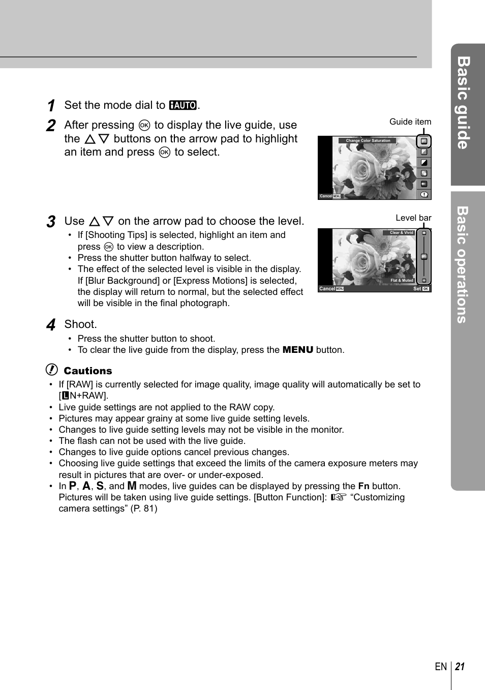 Basic guide, Basic operations | Olympus E-PL3 User Manual | Page 21 / 127