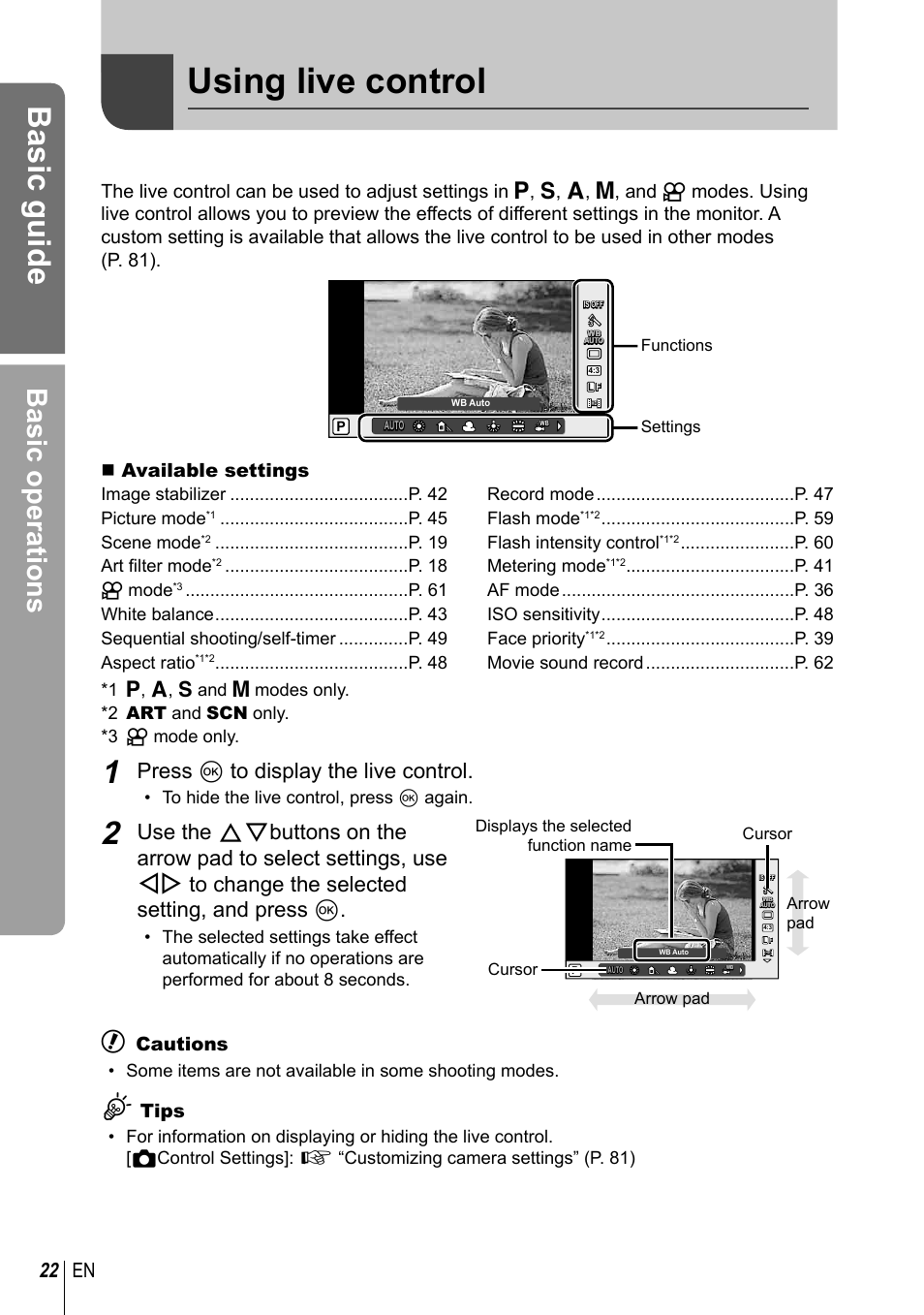 Using live control, Basic guide, Basic operations | Press q to display the live control, 22 en, Available settings, Cautions, Tips, P. 45 scene mode, P. 19 art fi lter mode | Olympus E-PL3 User Manual | Page 22 / 127