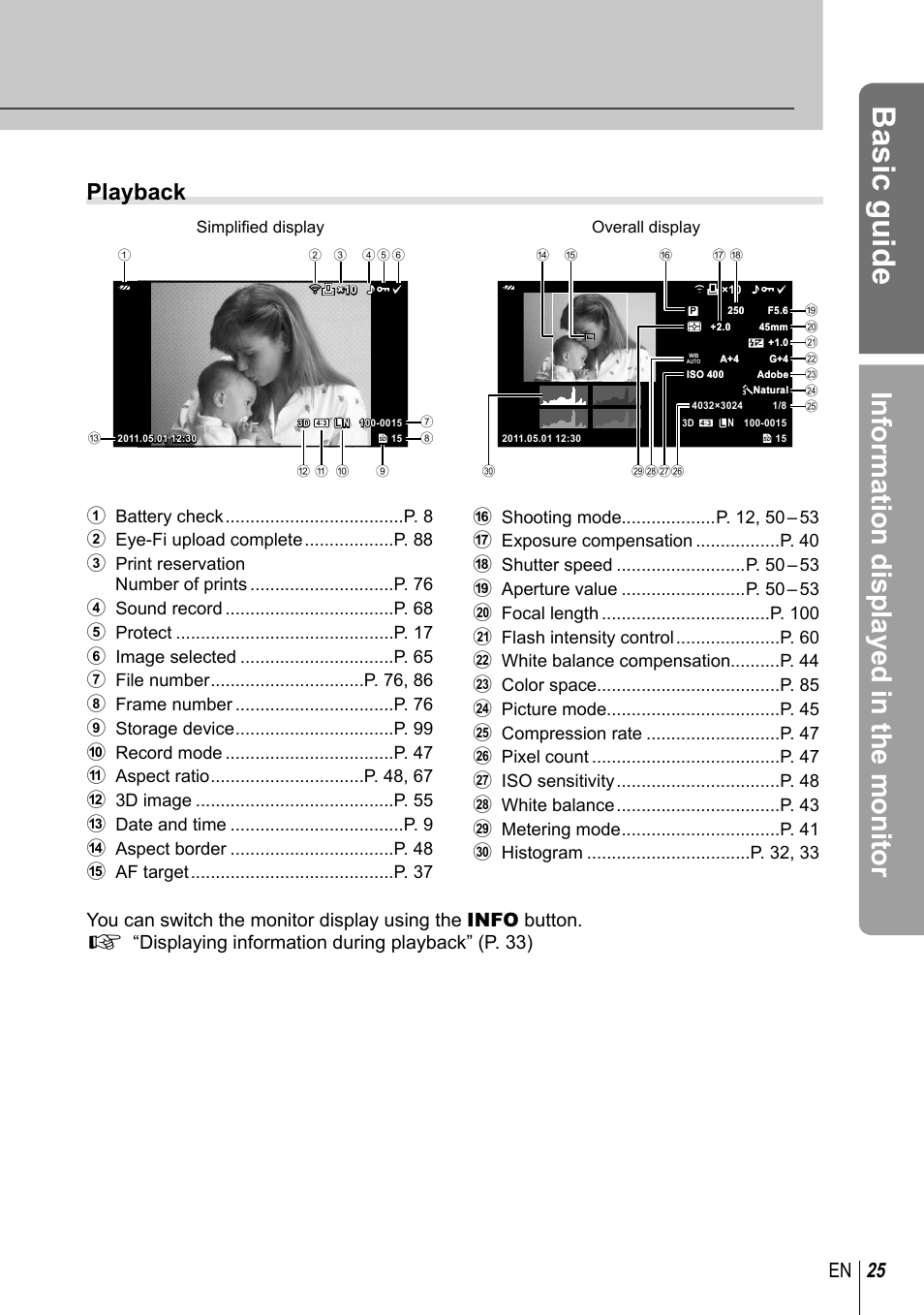 Basic guide, Information displayed in the monitor, Playback | 25 en | Olympus E-PL3 User Manual | Page 25 / 127
