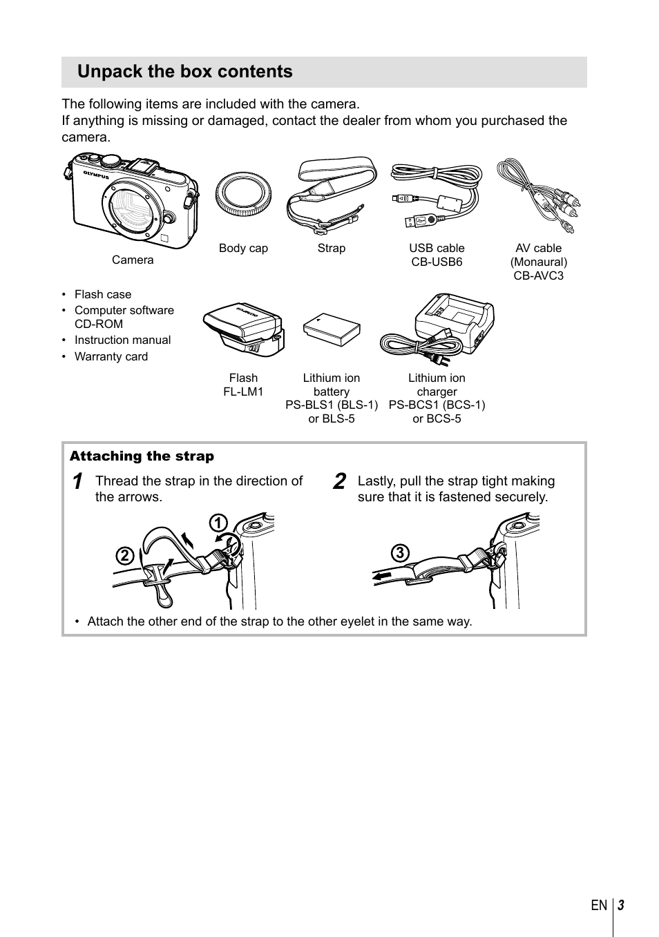 Unpack the box contents | Olympus E-PL3 User Manual | Page 3 / 127