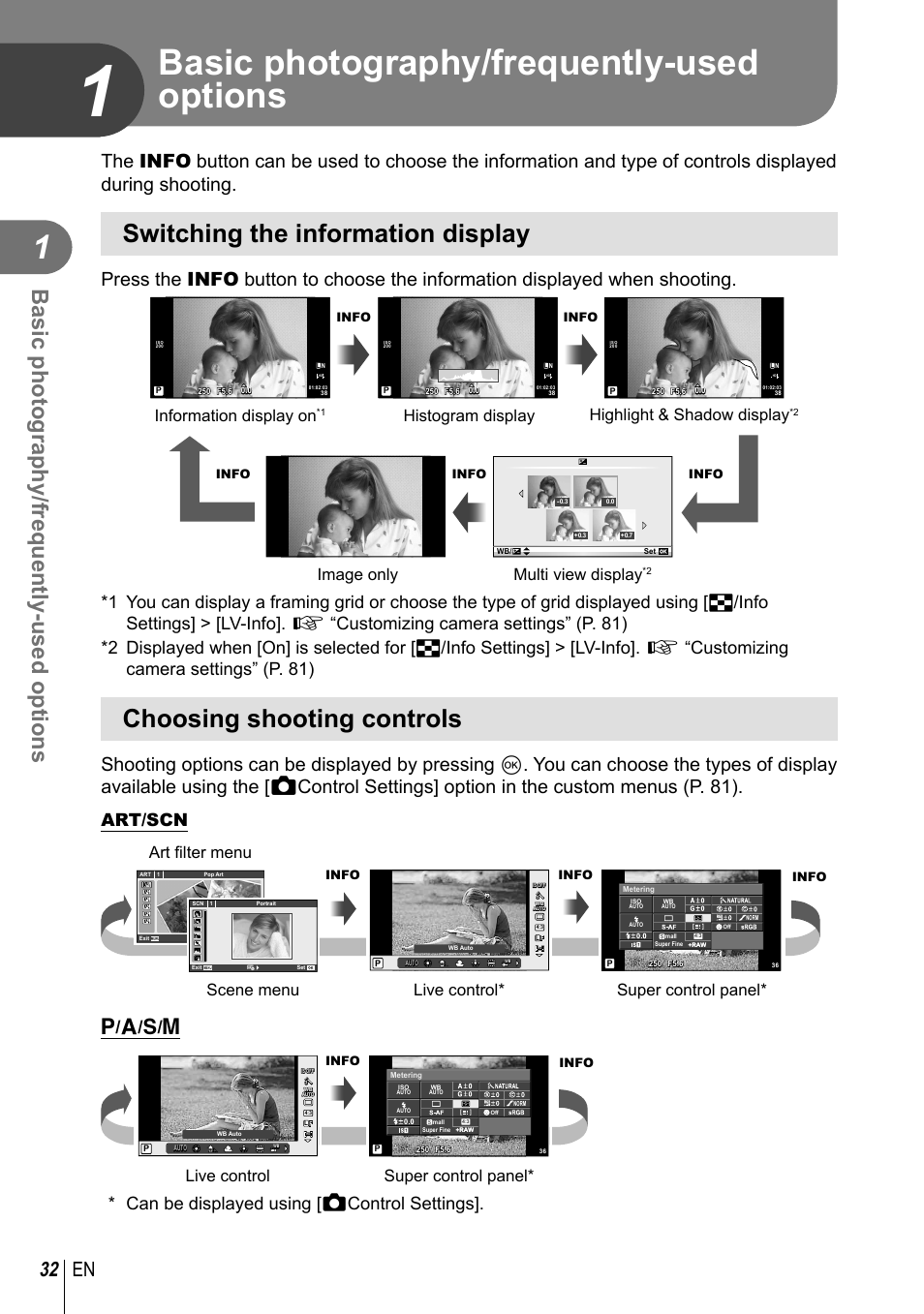 Basic photography/frequently-used options, Switching the information display, Choosing shooting controls | 32 en, Art/scn, P/ a / s / m, Can be displayed using [kcontrol settings, Highlight & shadow display, Histogram display information display on, Image only multi view display | Olympus E-PL3 User Manual | Page 32 / 127