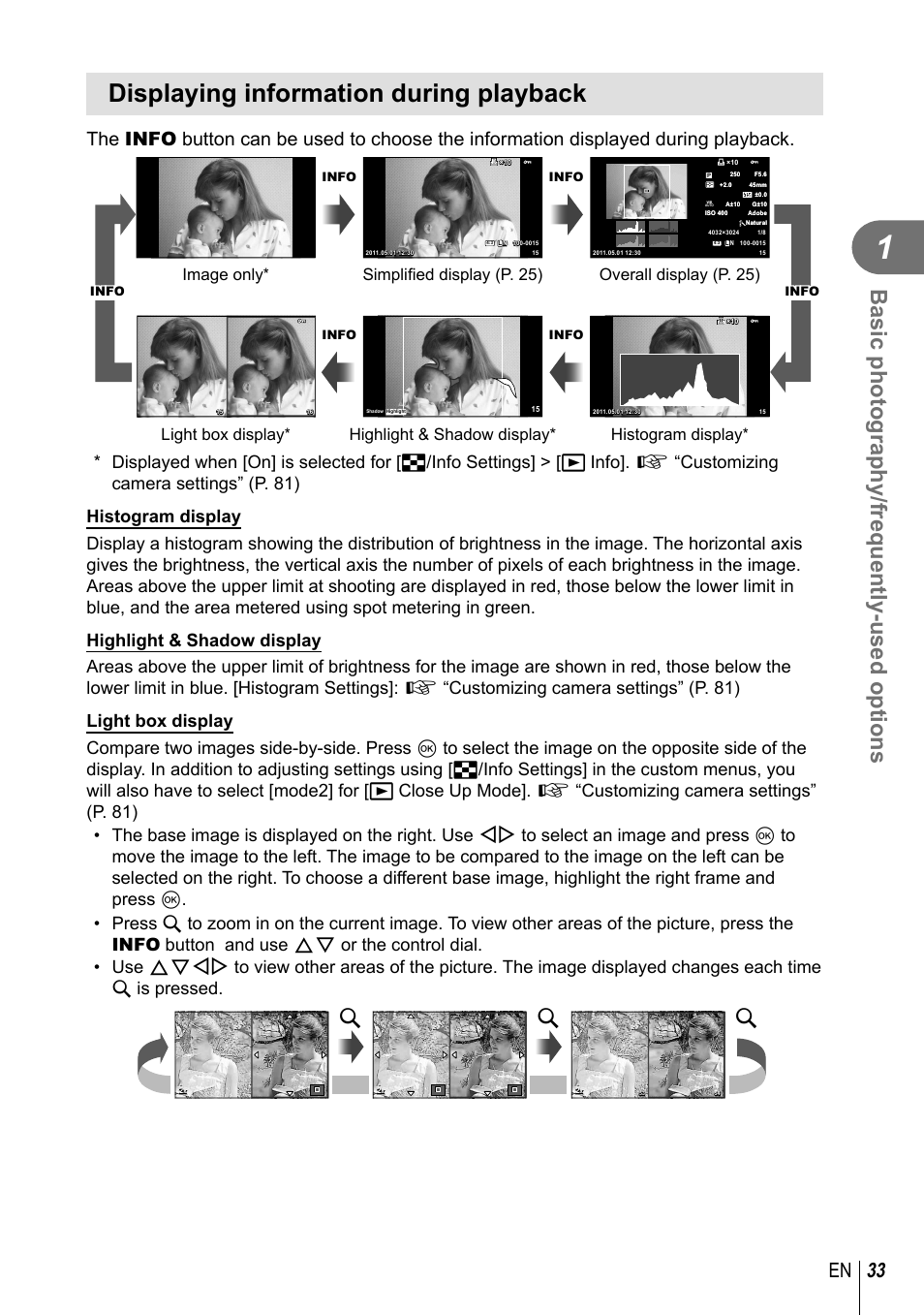 Displaying information during playback, Basic photography/frequently-used options, 33 en | Olympus E-PL3 User Manual | Page 33 / 127