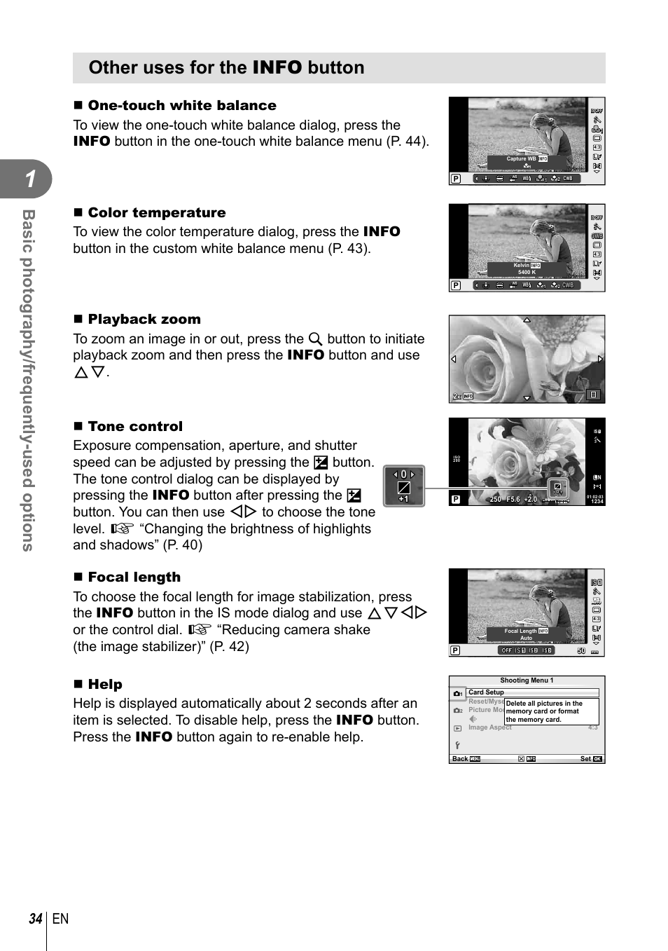 Other uses for the info button, Basic photography/frequently-used options, 34 en | Olympus E-PL3 User Manual | Page 34 / 127