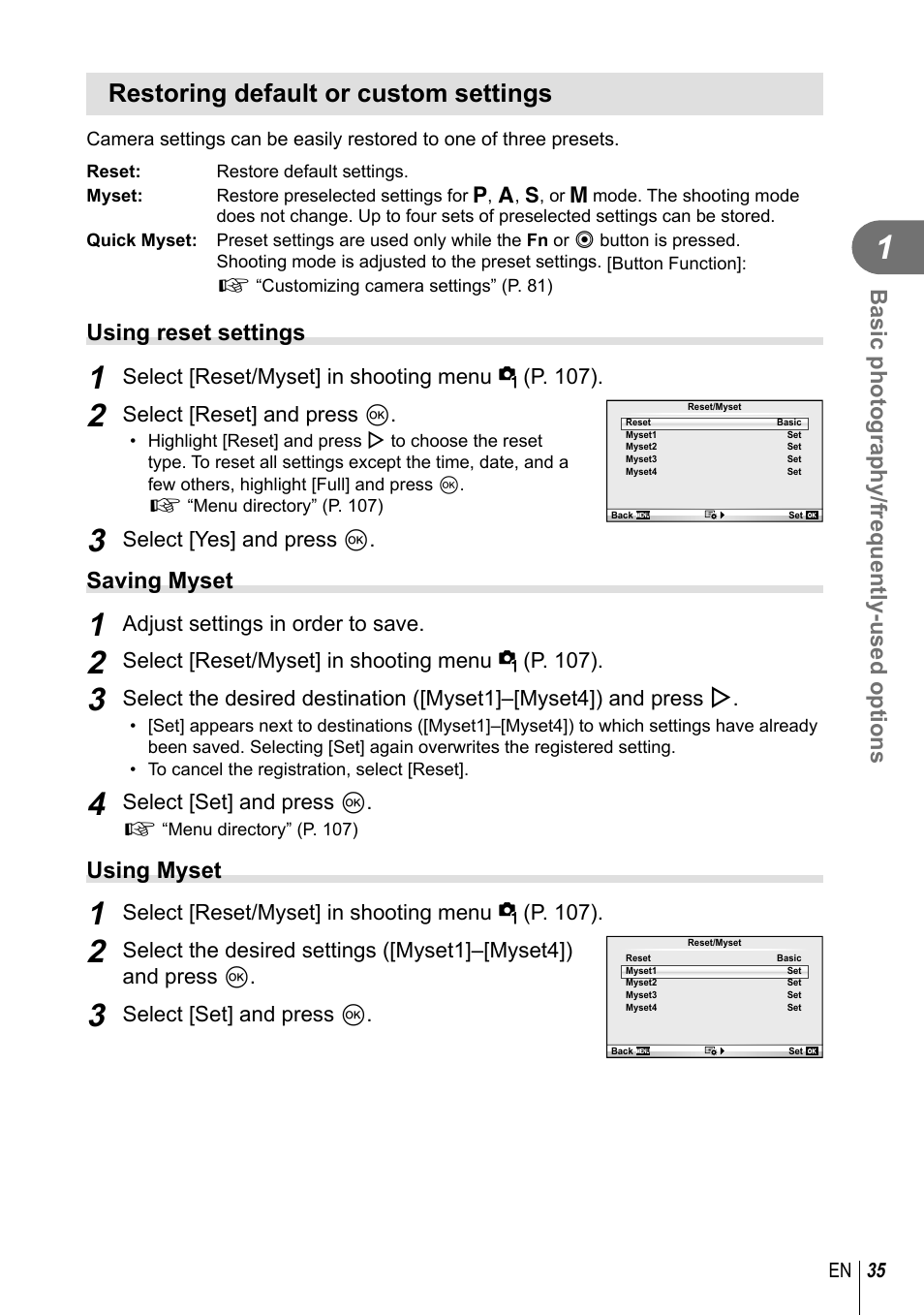 Restoring default or custom settings | Olympus E-PL3 User Manual | Page 35 / 127