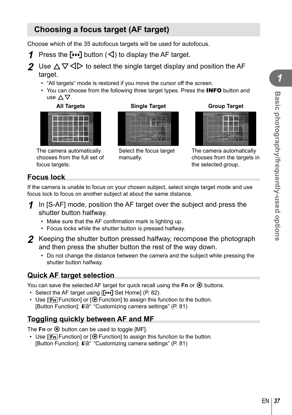 Choosing a focus target (af target) | Olympus E-PL3 User Manual | Page 37 / 127