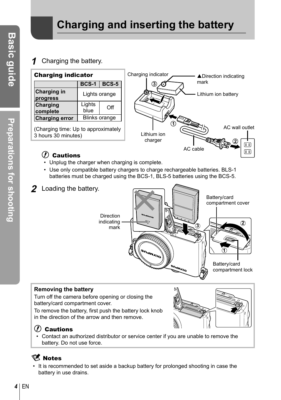 Basic guide, Charging and inserting the battery, Preparations for shooting | Olympus E-PL3 User Manual | Page 4 / 127