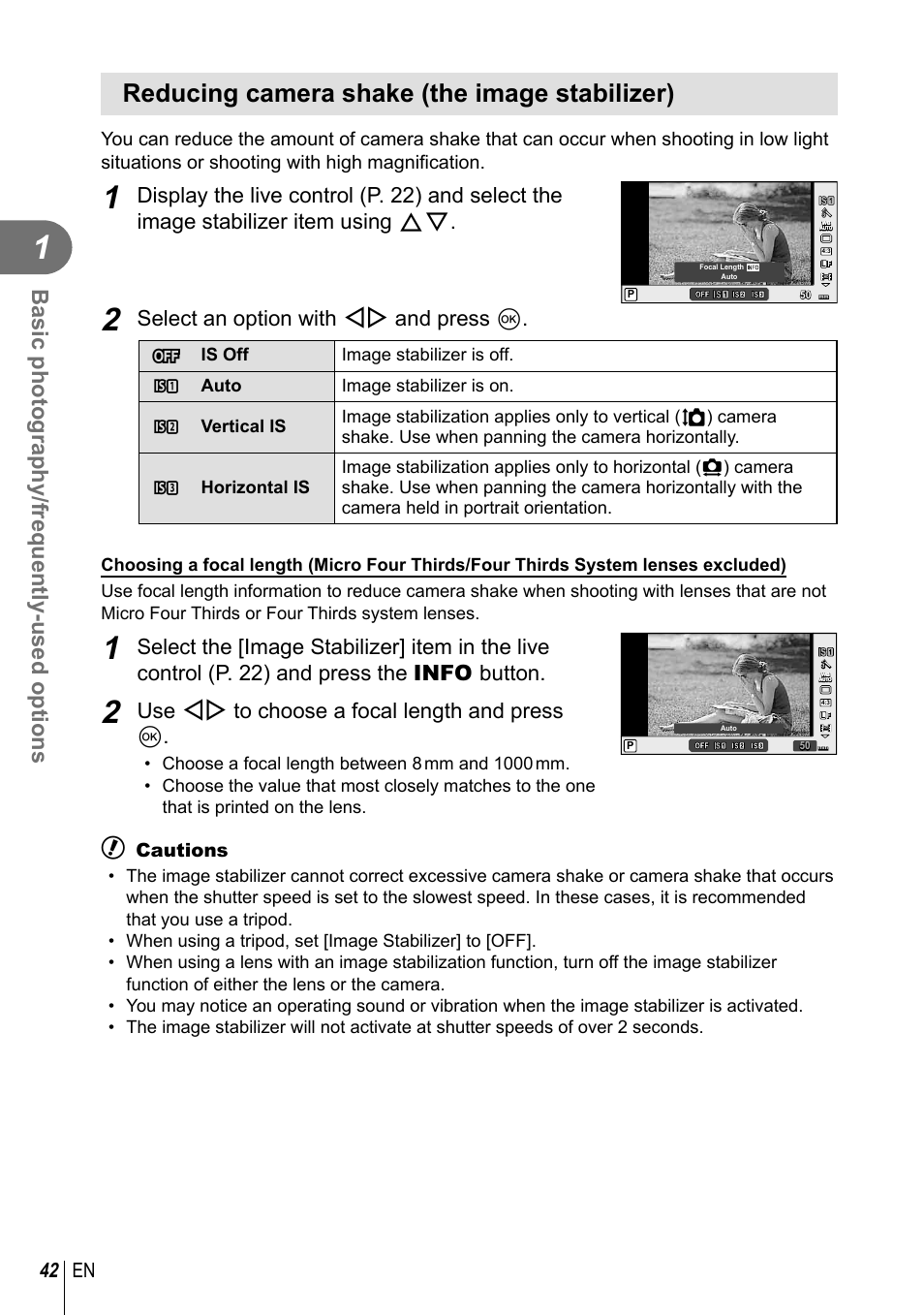 Reducing camera shake (the image stabilizer), Basic photography/frequently-used options, Select an option with hi and press q | Use hi to choose a focal length and press q, 42 en, Cautions | Olympus E-PL3 User Manual | Page 42 / 127