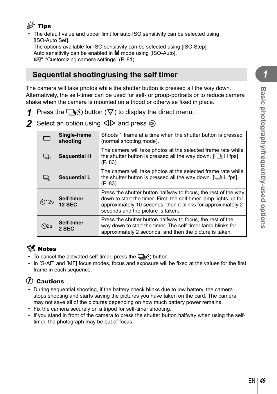 Sequential shooting/using the self timer | Olympus E-PL3 User Manual | Page 49 / 127