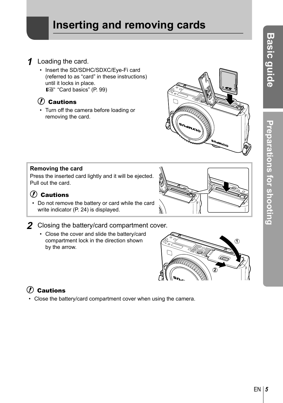 Inserting and removing cards, Basic guide, Preparations for shooting | Olympus E-PL3 User Manual | Page 5 / 127