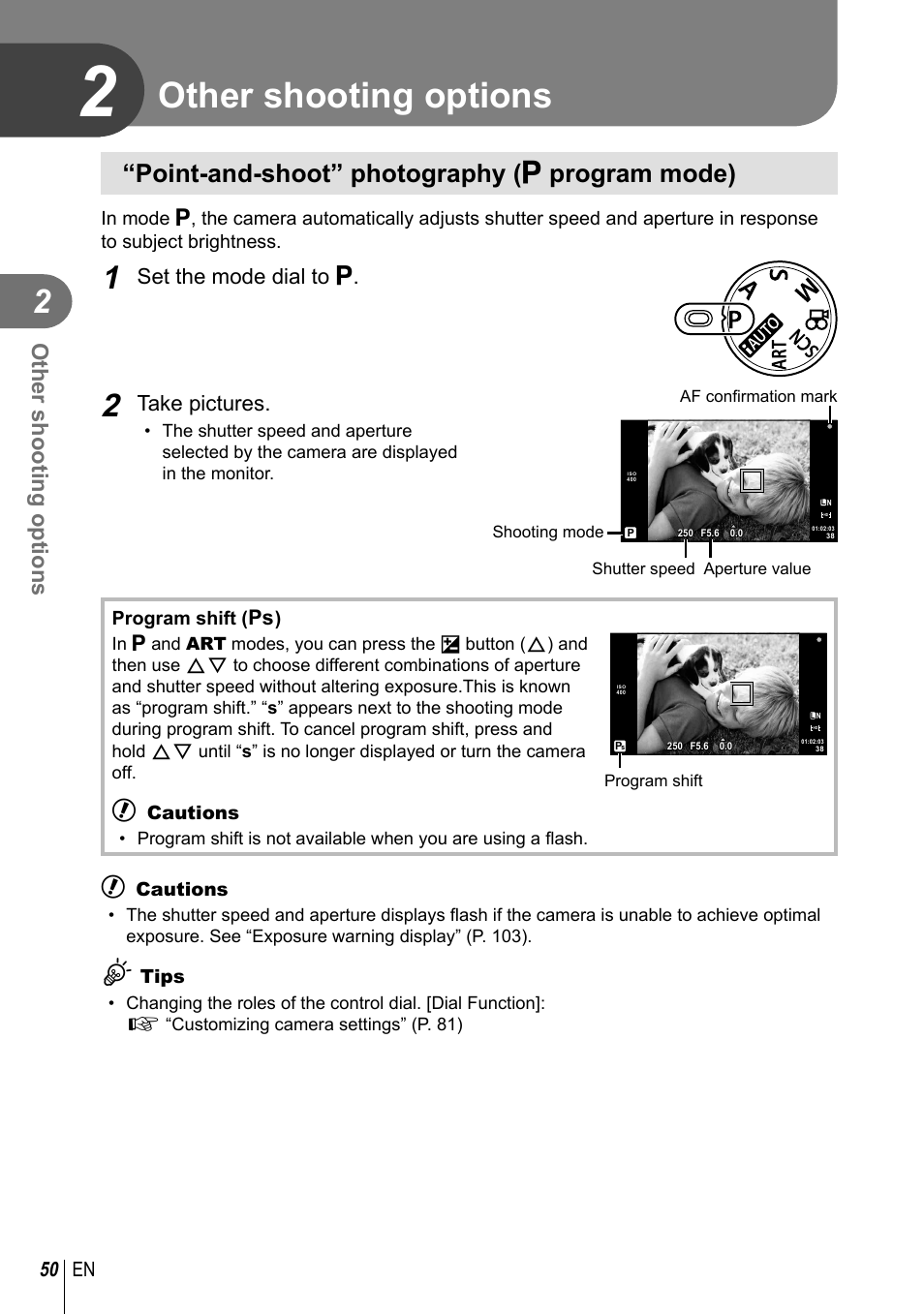 Other shooting options, Point-and-shoot” photography ( p program mode), Set the mode dial to p | Take pictures, 50 en | Olympus E-PL3 User Manual | Page 50 / 127