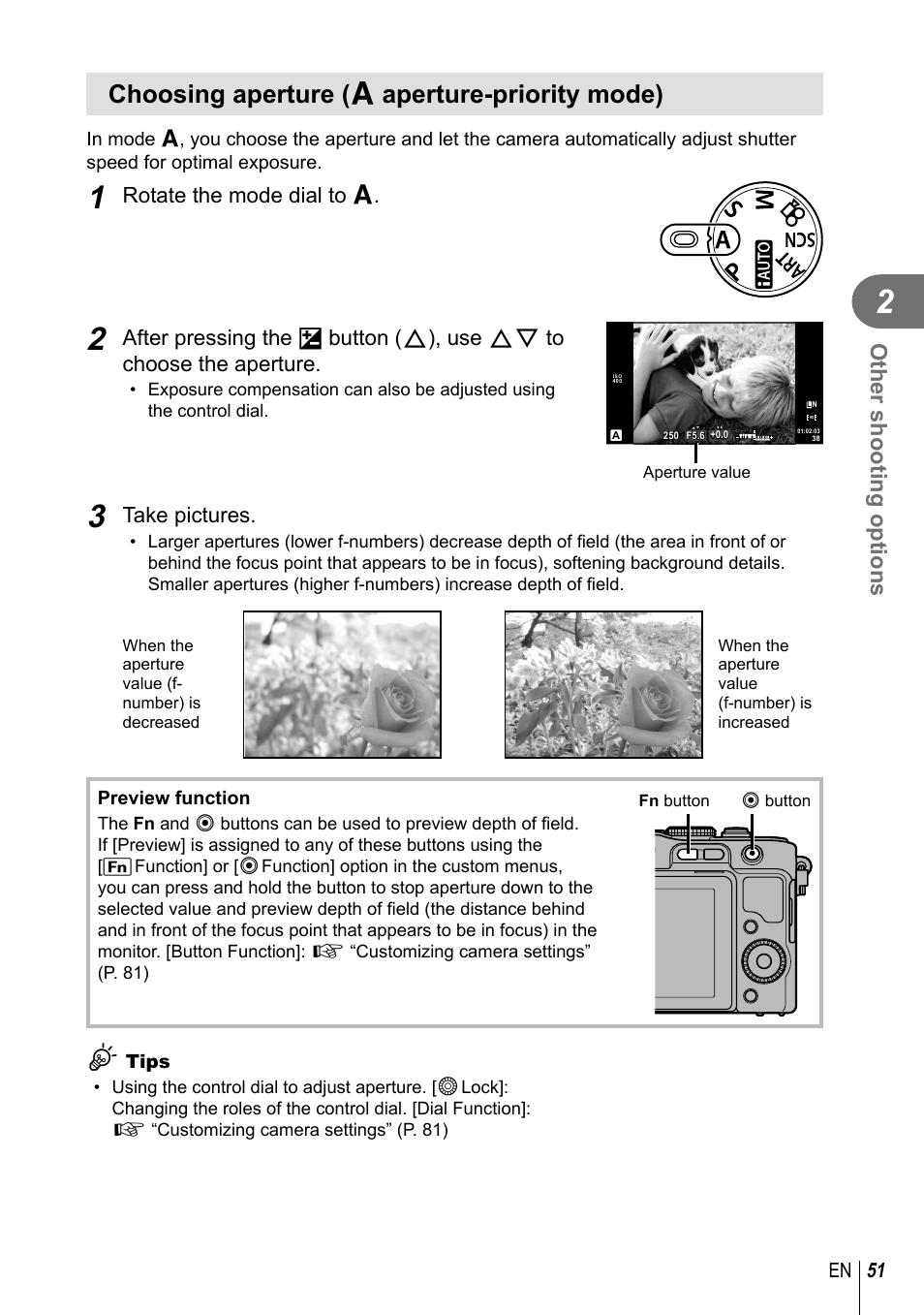 Choosing aperture ( a aperture-priority mode), Other shooting options, Rotate the mode dial to a | Take pictures, 51 en | Olympus E-PL3 User Manual | Page 51 / 127