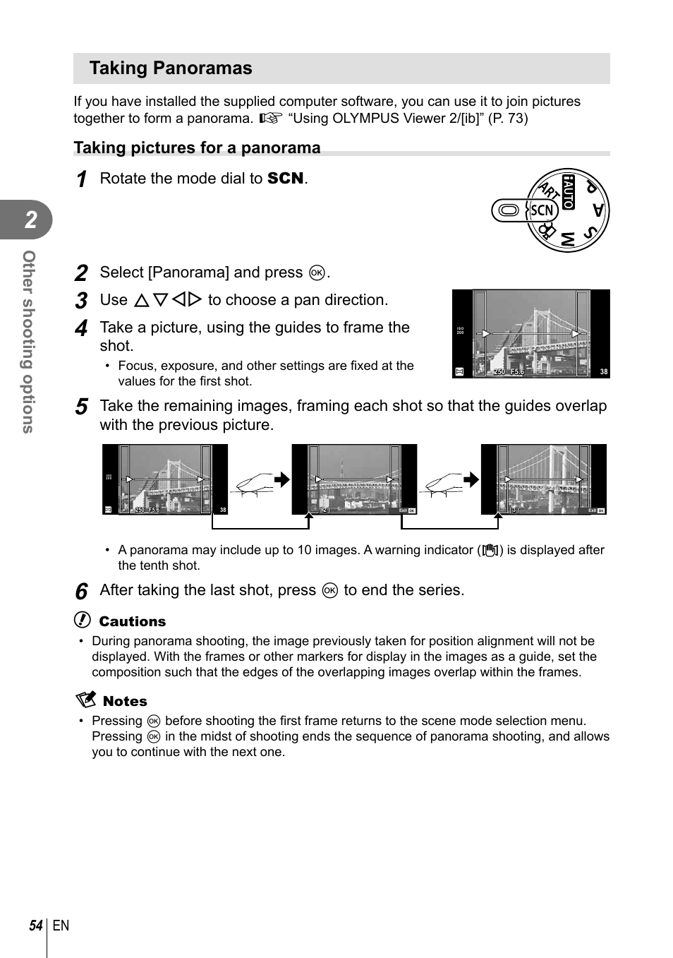 Taking panoramas, Other shooting options, Taking pictures for a panorama | Rotate the mode dial to scn, Select [panorama] and press q, Use fghi to choose a pan direction, Take a picture, using the guides to frame the shot | Olympus E-PL3 User Manual | Page 54 / 127