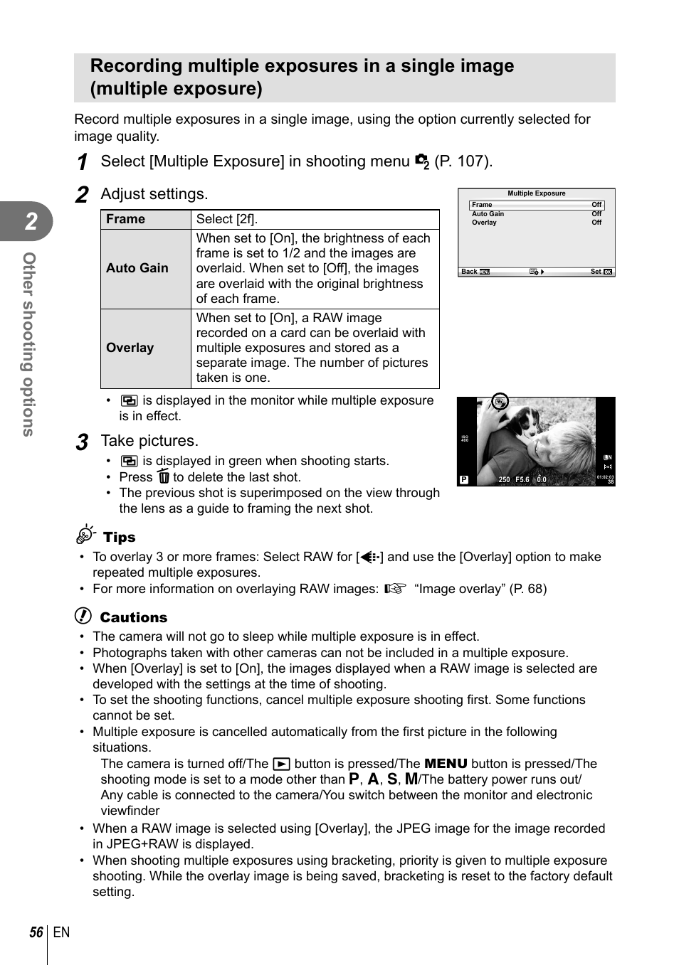 Other shooting options, Adjust settings, Take pictures | 56 en | Olympus E-PL3 User Manual | Page 56 / 127