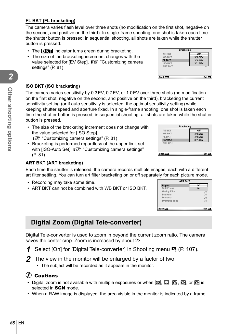 Digital zoom (digital tele-converter), Other shooting options, 58 en | Cautions | Olympus E-PL3 User Manual | Page 58 / 127