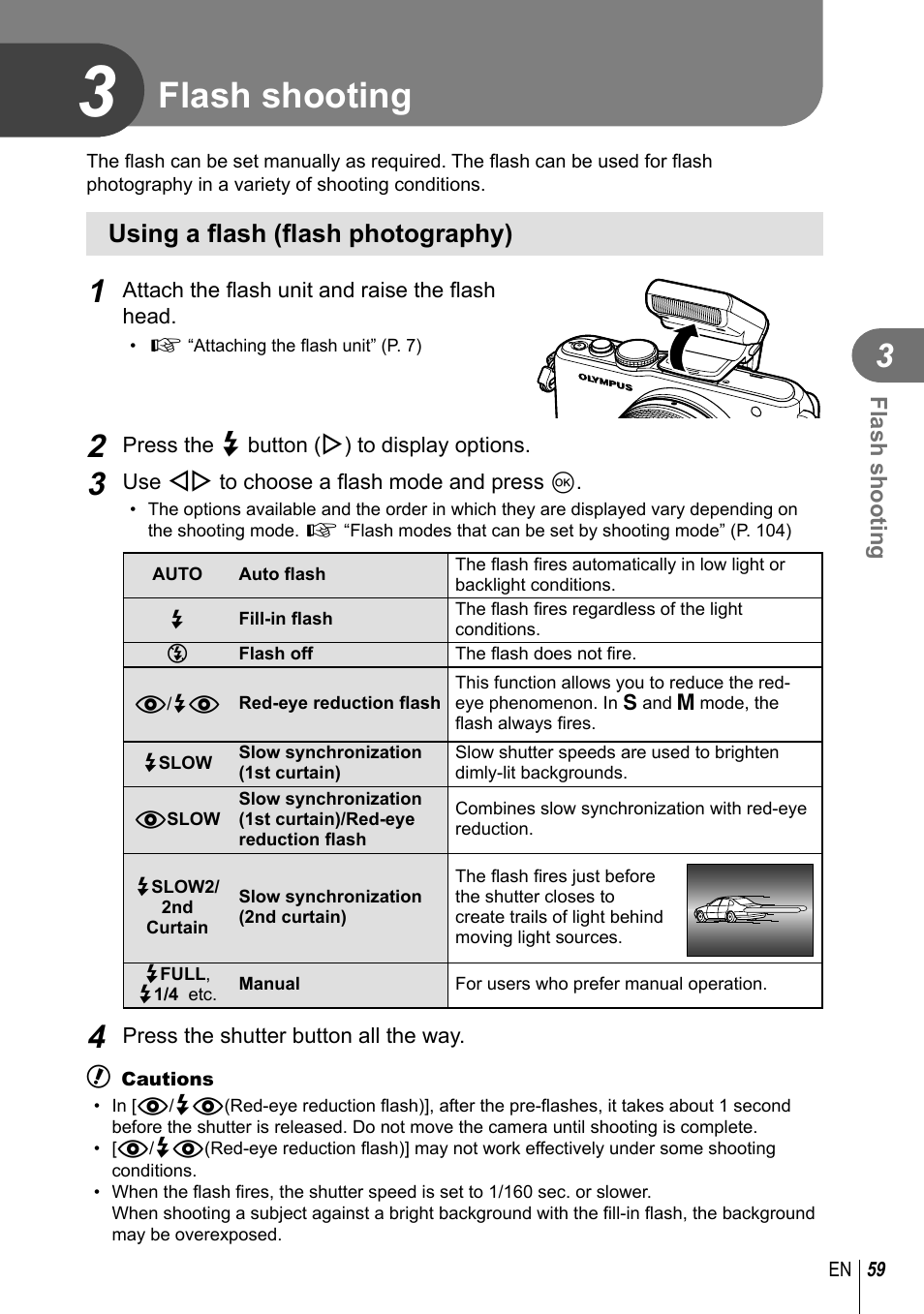 Flash shooting, Using a fl ash (fl ash photography) | Olympus E-PL3 User Manual | Page 59 / 127