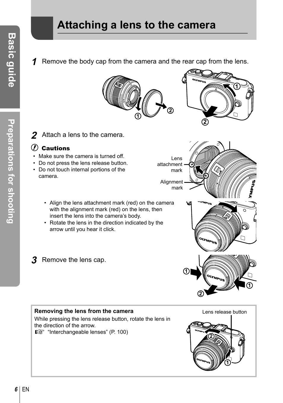 Attaching a lens to the camera, Basic guide, Preparations for shooting | Olympus E-PL3 User Manual | Page 6 / 127