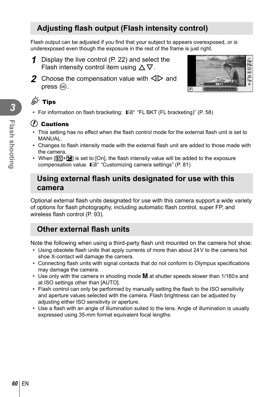 Adjusting fl ash output (flash intensity control), Other external fl ash units, Flash shooting | Choose the compensation value with hi and press q, 60 en | Olympus E-PL3 User Manual | Page 60 / 127