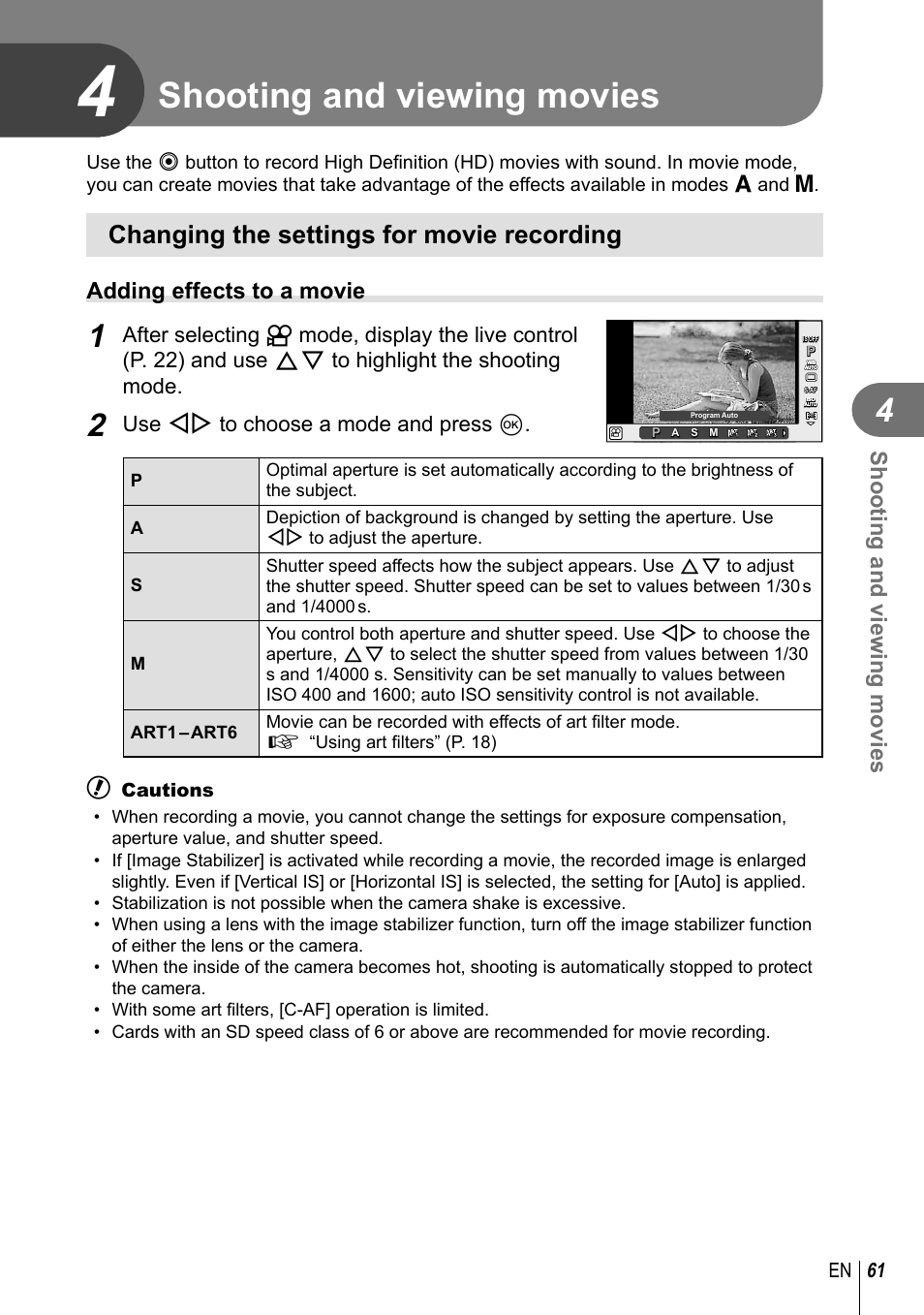 Shooting and viewing movies, Changing the settings for movie recording, Adding effects to a movie | Use hi to choose a mode and press q, 61 en | Olympus E-PL3 User Manual | Page 61 / 127