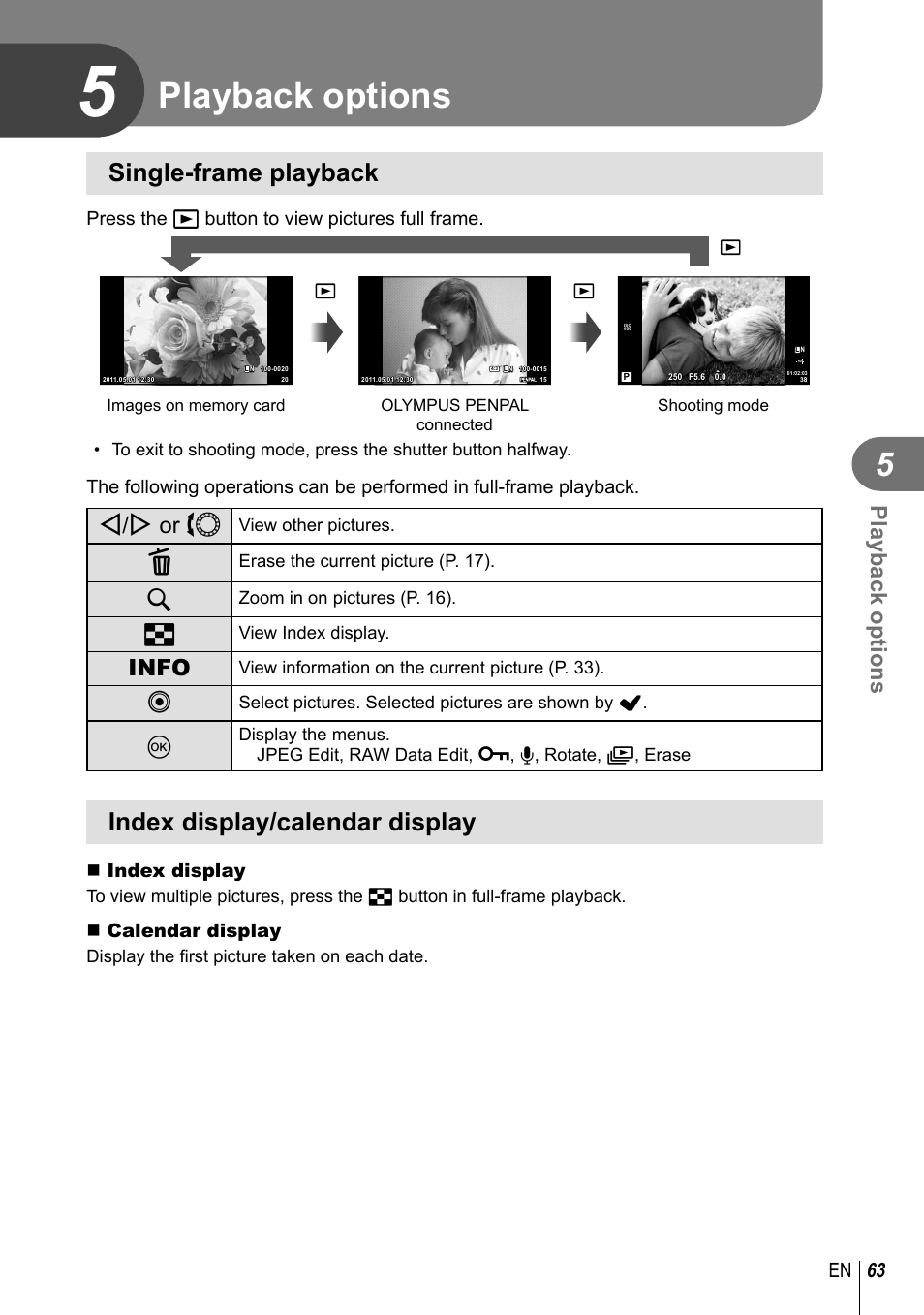 Playback options, Single-frame playback, Index display/calendar display | H/i or j, Info, 63 en | Olympus E-PL3 User Manual | Page 63 / 127