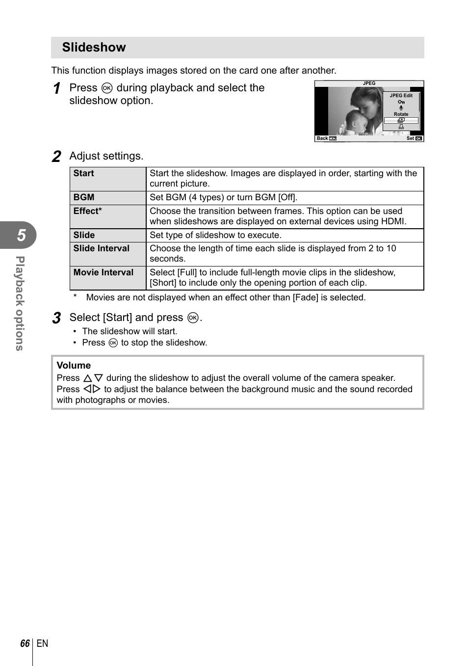 Slideshow, Playback options | Olympus E-PL3 User Manual | Page 66 / 127