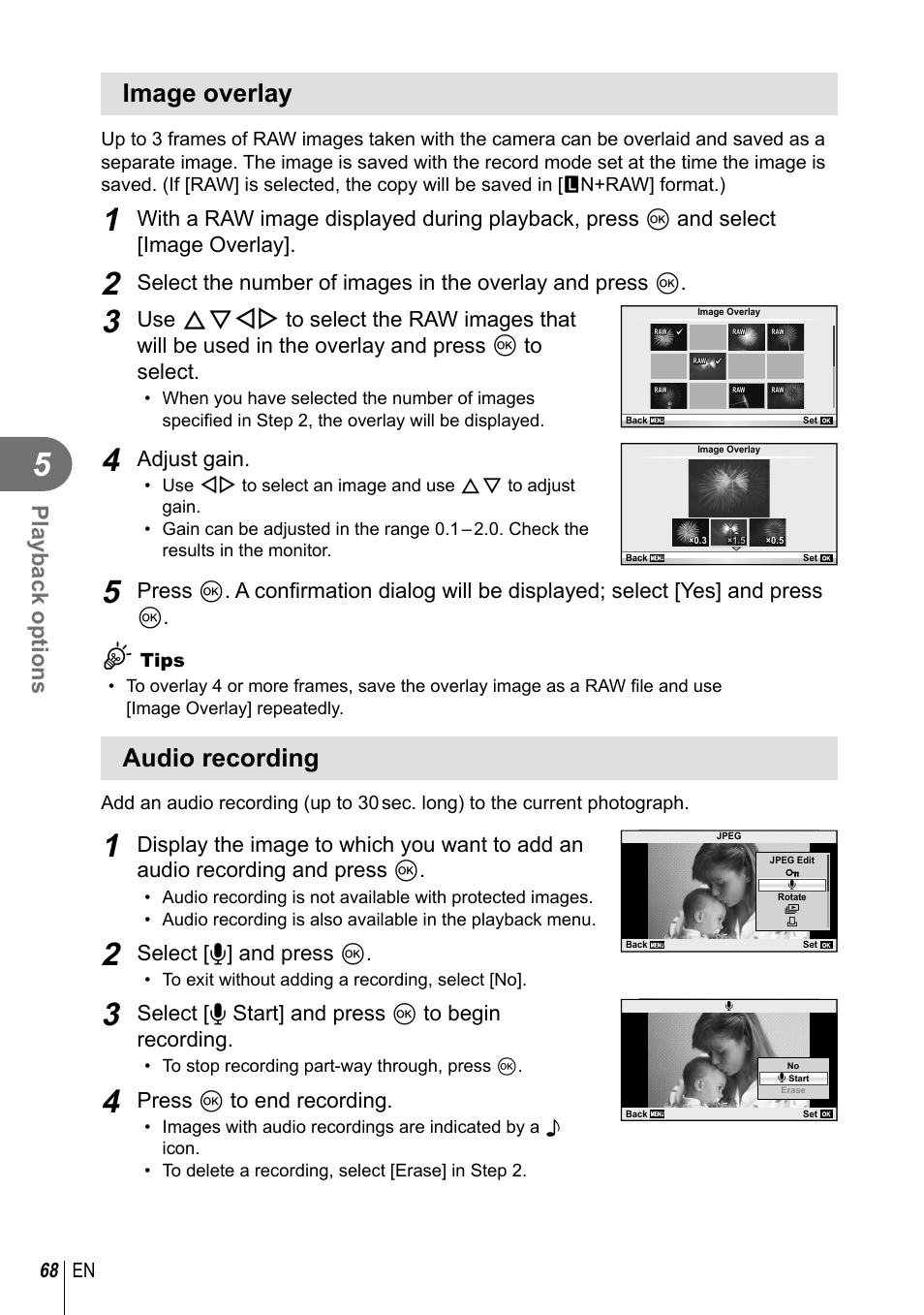 Image overlay, Audio recording, Playback options | Adjust gain, Select [r] and press q, Select [r start] and press q to begin recording, Press q to end recording | Olympus E-PL3 User Manual | Page 68 / 127