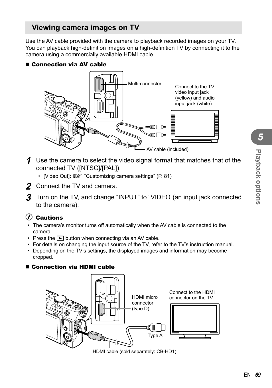 Viewing camera images on tv | Olympus E-PL3 User Manual | Page 69 / 127