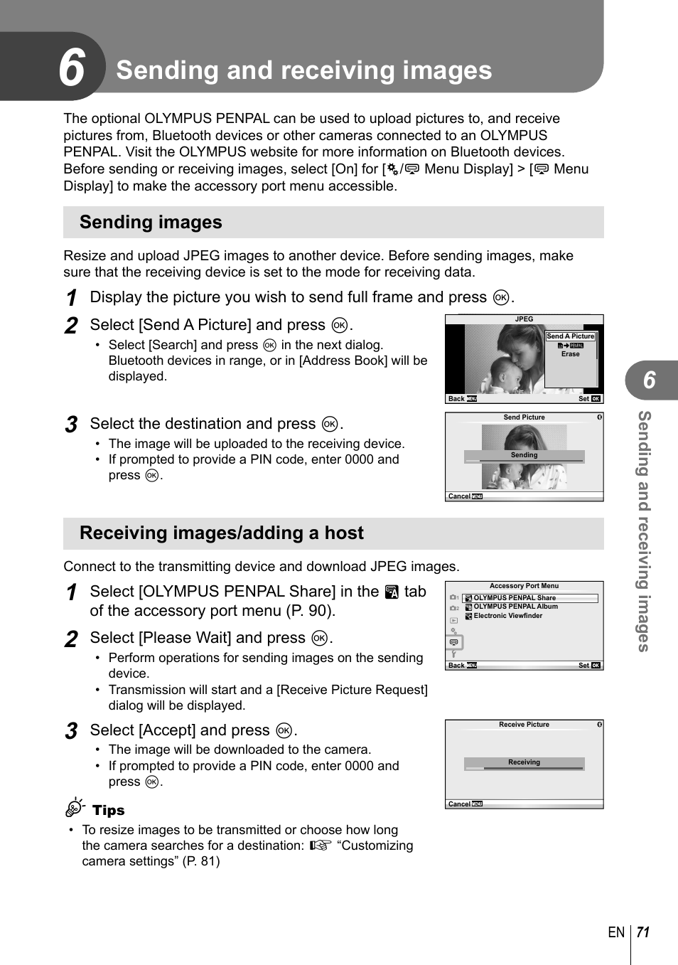 Sending and receiving images, Sending images, Receiving images/adding a host | Olympus E-PL3 User Manual | Page 71 / 127