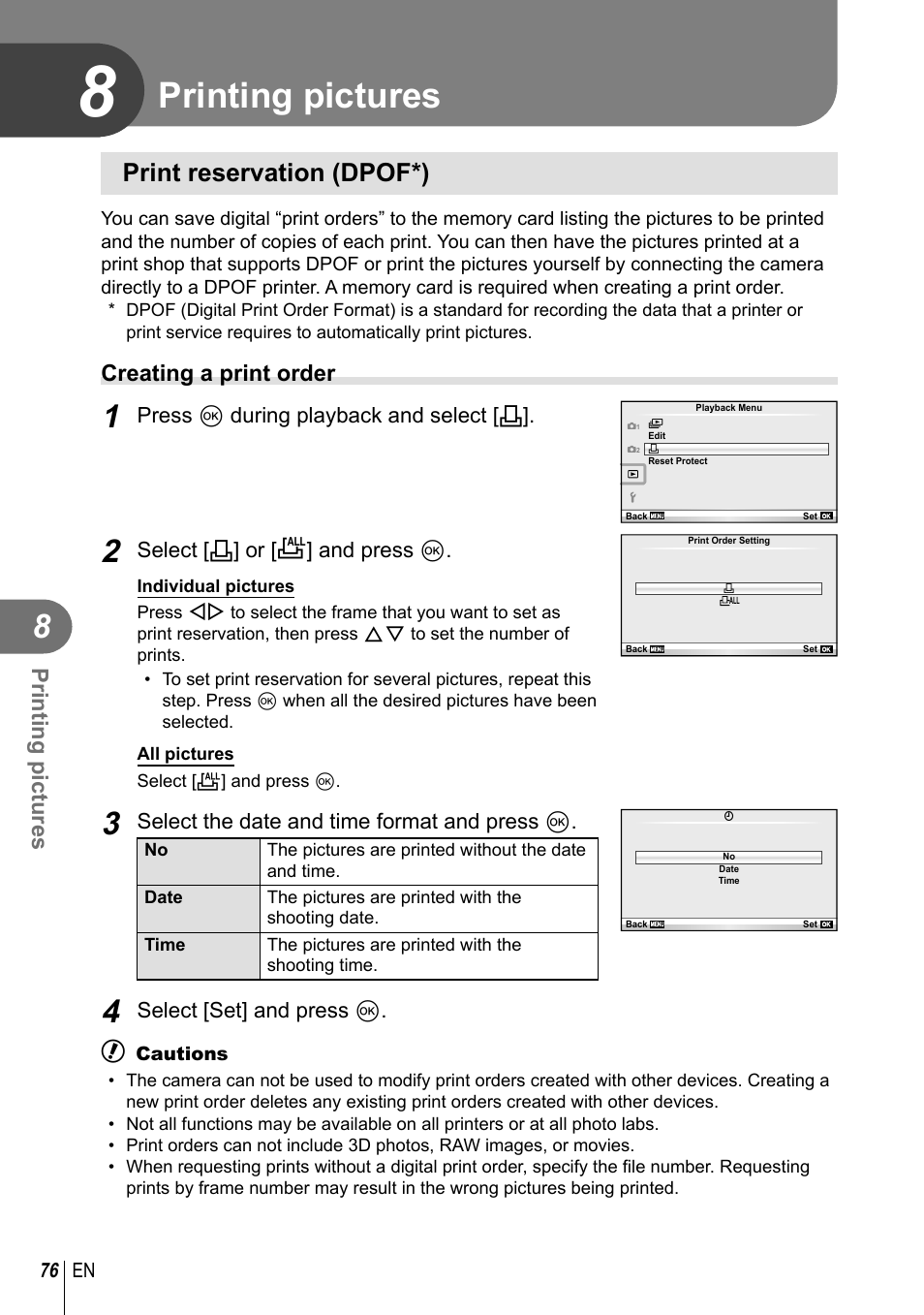 Printing pictures, Print reservation (dpof*), Creating a print order | Olympus E-PL3 User Manual | Page 76 / 127