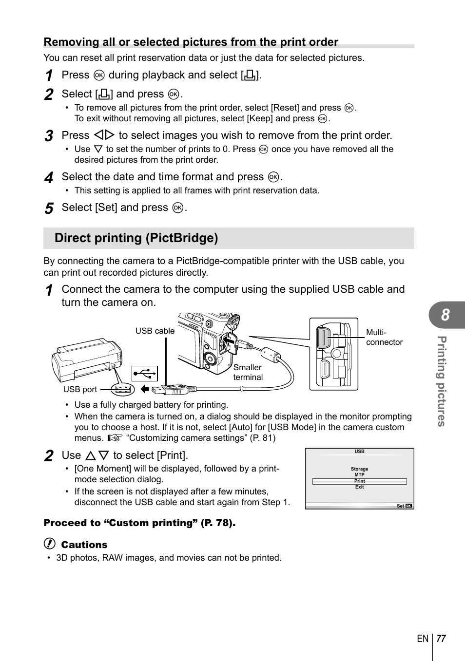 Direct printing (pictbridge) | Olympus E-PL3 User Manual | Page 77 / 127