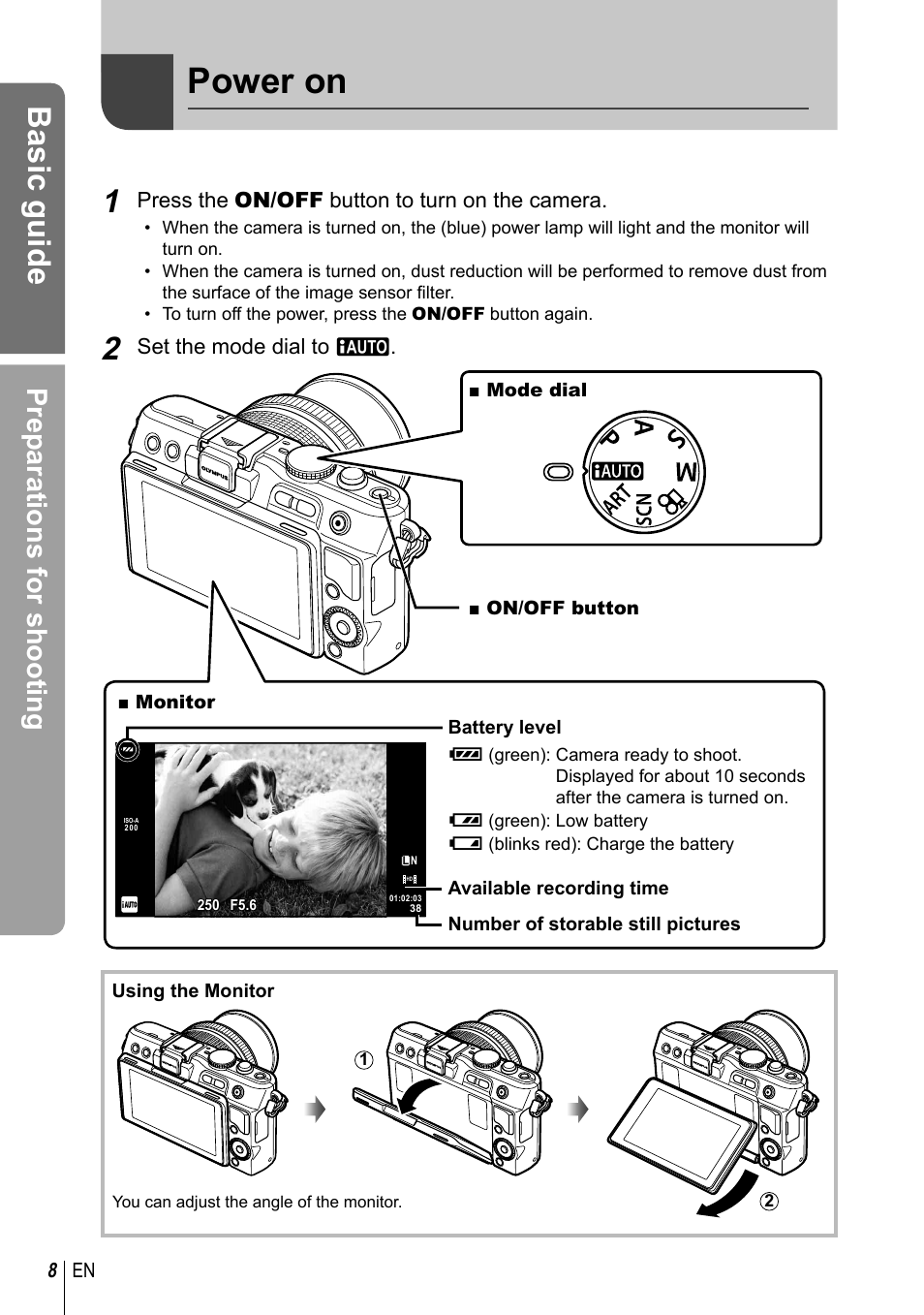 Power on, Basic guide, Preparations for shooting | Press the on/off button to turn on the camera, Set the mode dial to a | Olympus E-PL3 User Manual | Page 8 / 127