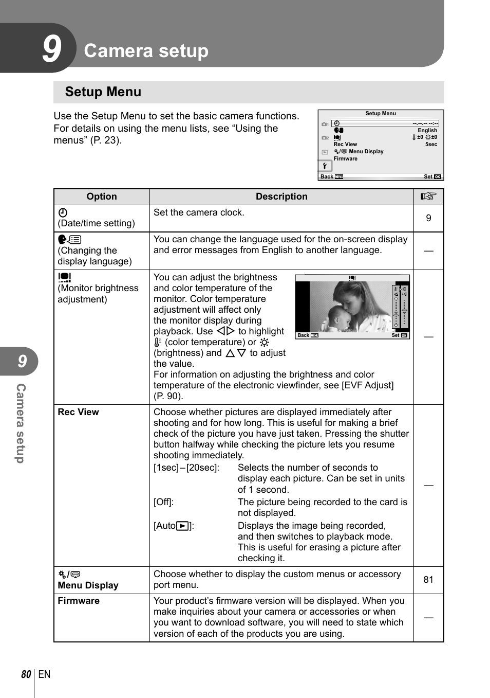 Camera setup, Setup menu, 80 en | Olympus E-PL3 User Manual | Page 80 / 127