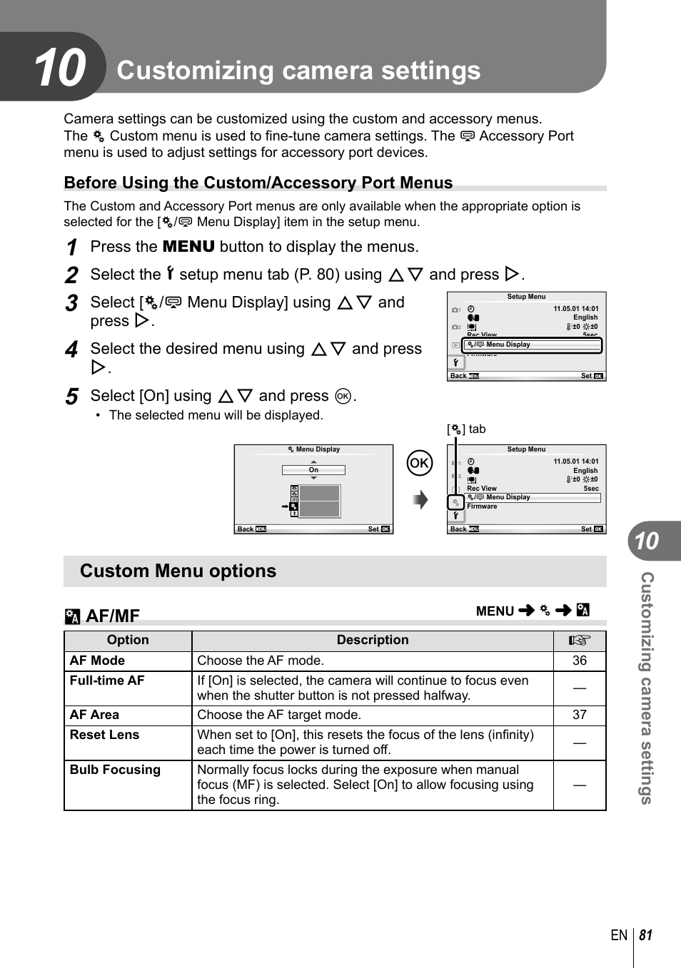 Customizing camera settings, Custom menu options, R af/mf | Before using the custom/accessory port menus, Press the menu button to display the menus, Select [ c/# menu display] using fg and press i, Select the desired menu using fg and press i, Select [on] using fg and press q | Olympus E-PL3 User Manual | Page 81 / 127