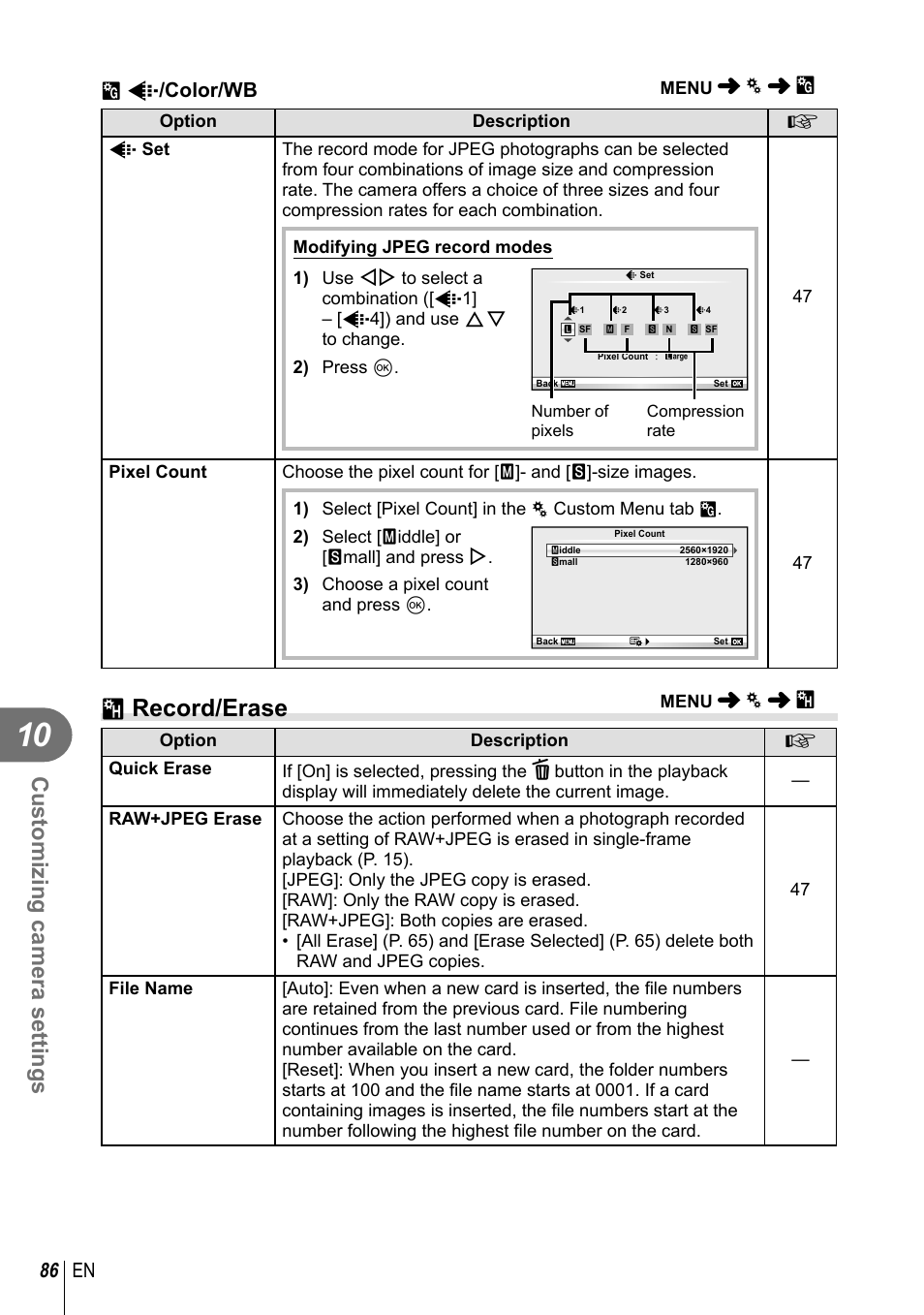 Y record/erase, Customizing camera settings, 86 en | X k /color/wb | Olympus E-PL3 User Manual | Page 86 / 127
