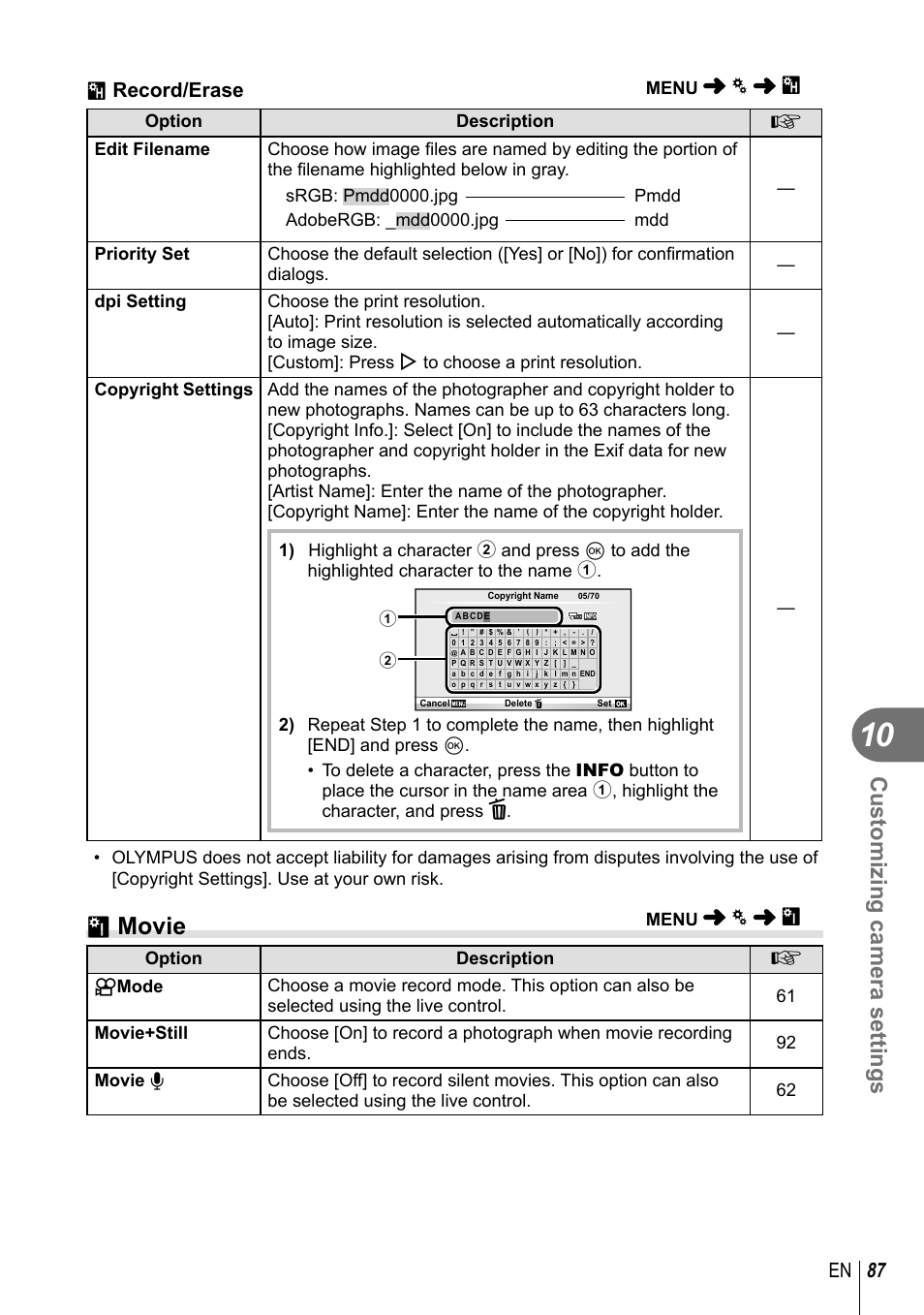 Z movie, Customizing camera settings, 87 en | Y record/erase | Olympus E-PL3 User Manual | Page 87 / 127