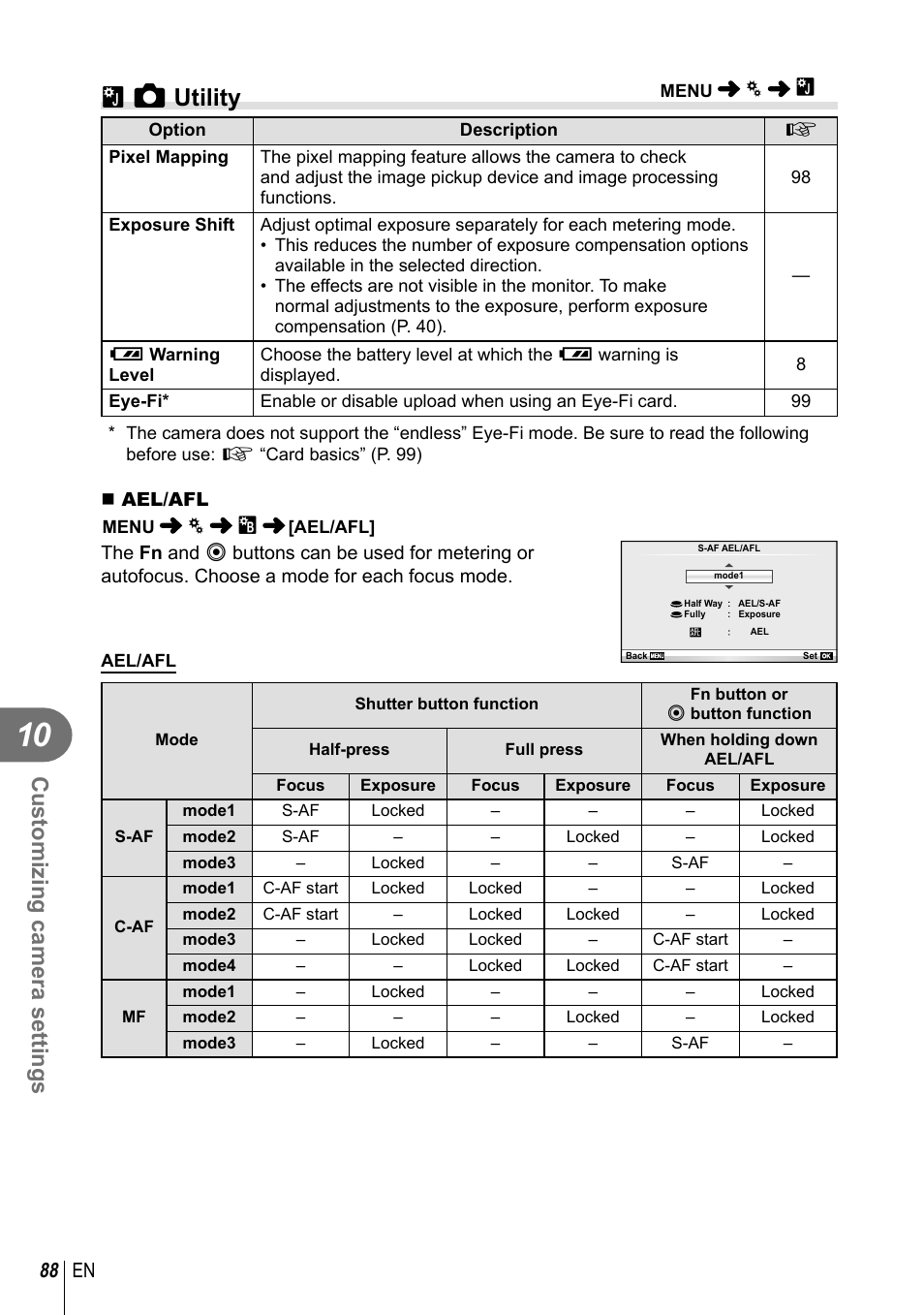 B k utility, Customizing camera settings, 88 en | Olympus E-PL3 User Manual | Page 88 / 127
