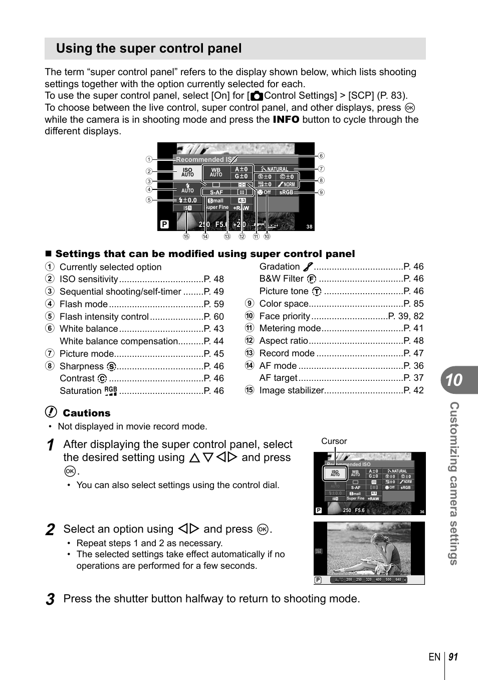 Using the super control panel, Customizing camera settings, Select an option using hi and press q | 91 en, Cautions | Olympus E-PL3 User Manual | Page 91 / 127
