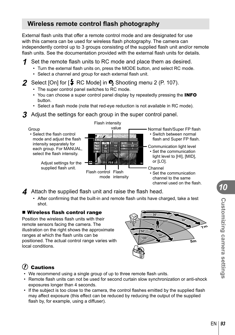 Wireless remote control fl ash photography, Customizing camera settings, 93 en | Olympus E-PL3 User Manual | Page 93 / 127