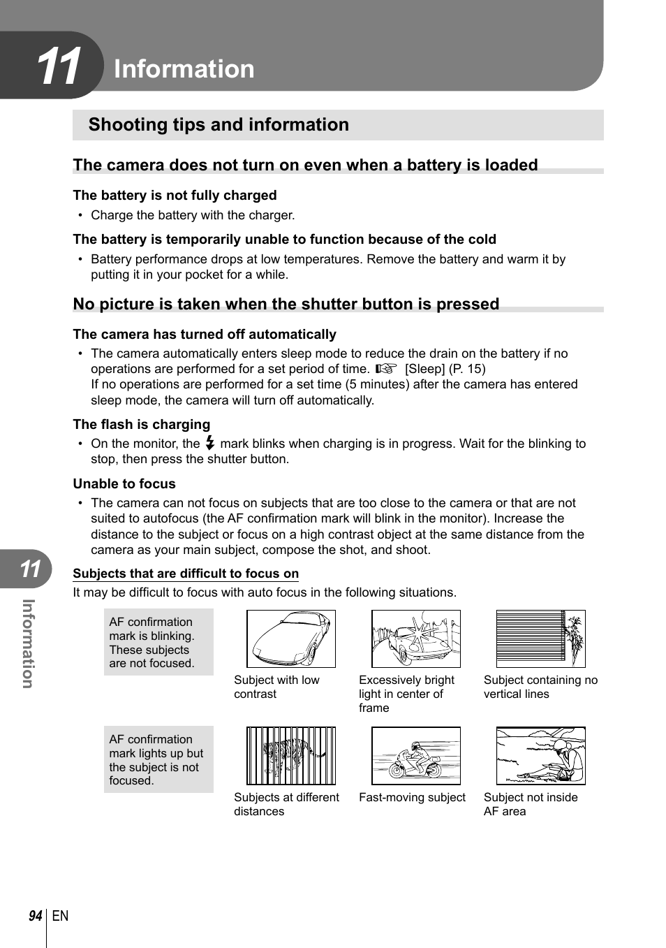 Information, Shooting tips and information | Olympus E-PL3 User Manual | Page 94 / 127
