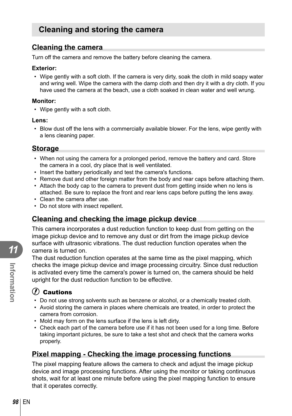 Cleaning and storing the camera | Olympus E-PL3 User Manual | Page 98 / 127